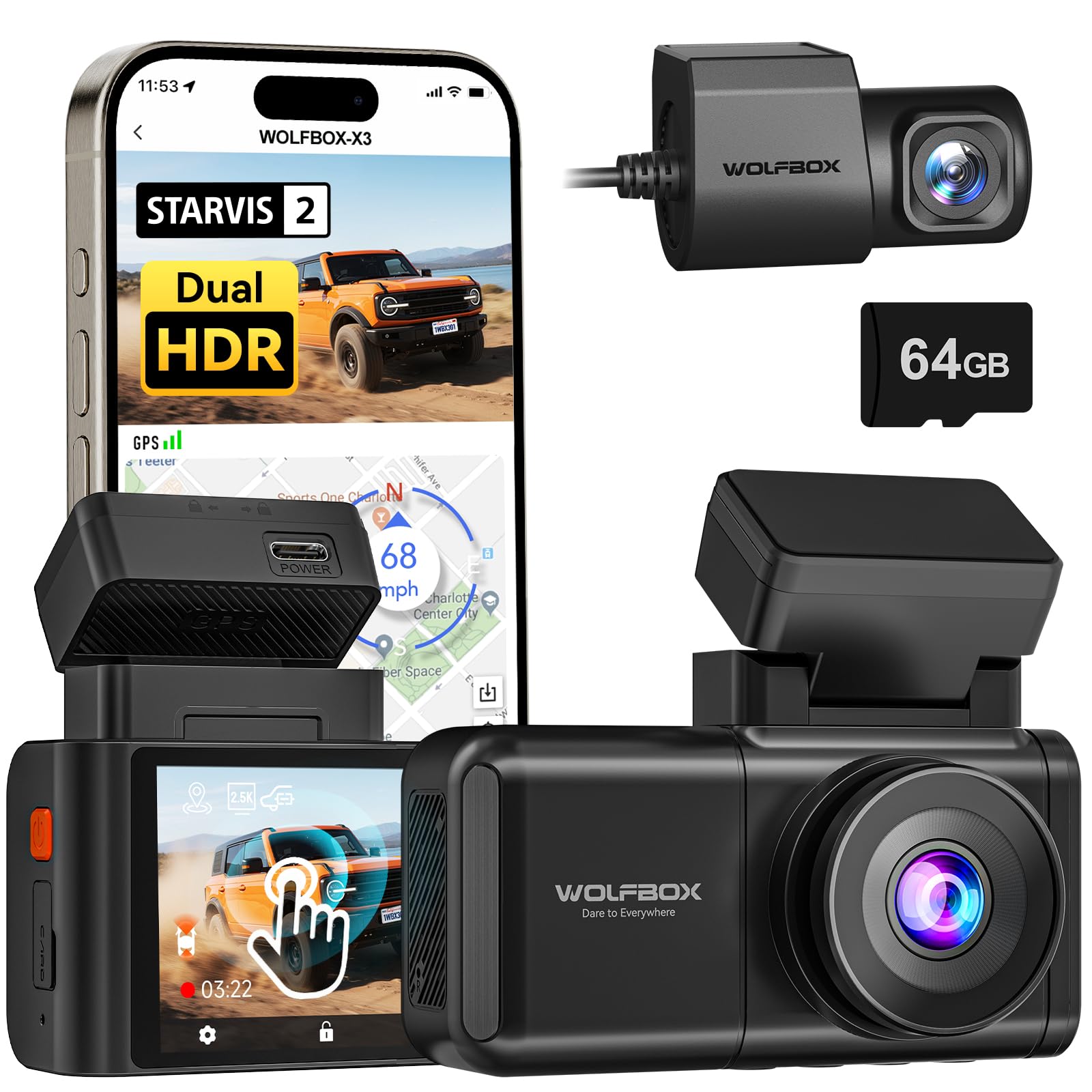 Caméra Embarquée WOLFBOX X5 3 Canaux - 4K + 2,5K + 1080P - Starvis 2 IMX678, WiFi 5,8 GHz, GPS, Carte 128 Go Incluse