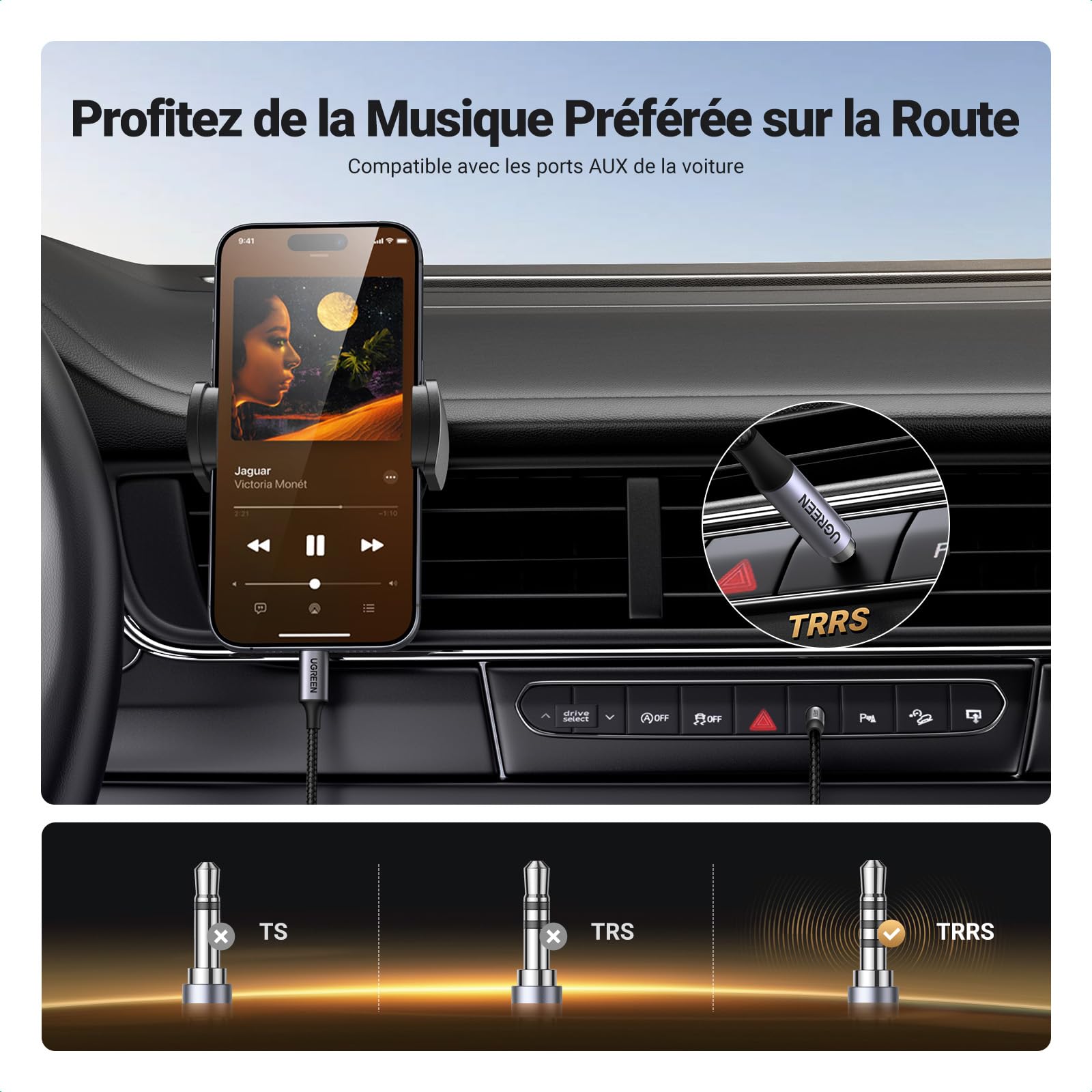 UGREEN Câble USB C vers Jack 3.5mm TRRS Non-bidirectionnel Casque Micro Hi-Fi DAC 4 Pôles Compatible iPhone 17 Pro Max Air 16 Pro Max Plus 15 Galaxy S25 S24 S23 Pixel 9 8 7 iPad Air 1M