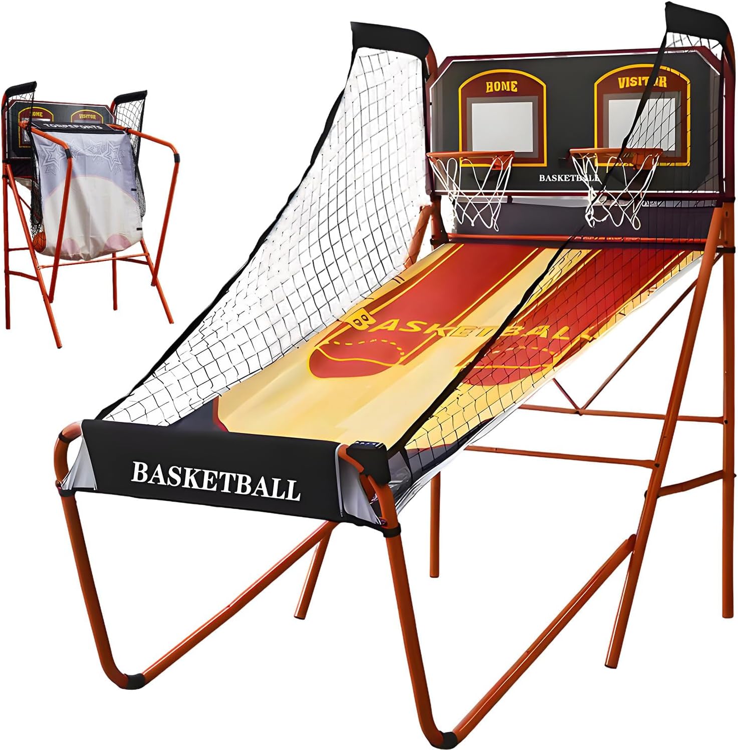 Foldable Indoor Basketball Arcade Game Double Shot 1-4 Player W/ 5 Balls, Basketball Arcade Machine, Electronic Scoreboard and Inflation Pump, Sturdy and Durable