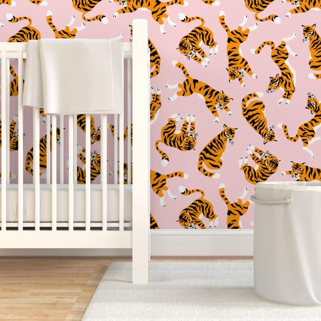 Peel & Stick Wallpaper 3ft x 2ft - Pink Zoo Tiger Cat Tropical Hand Drawn Large Wild Safari Animal Tropic Jungle Exotic Girly Custom Removable Wallpaper by Spoonflower