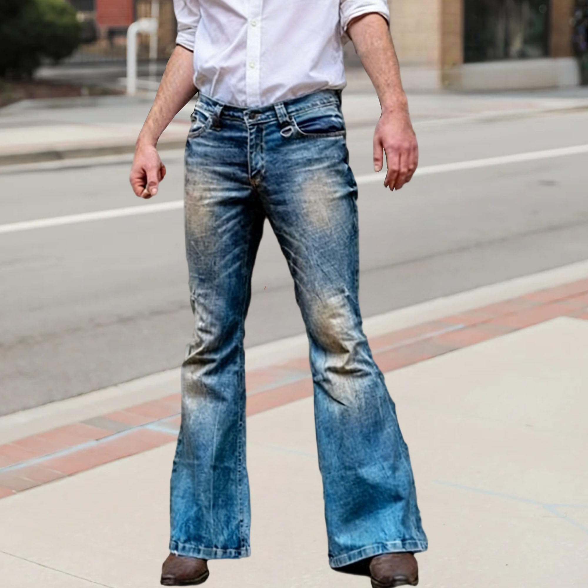 Jeans da uomo blu svasati classici da discoteca retrò a campana jeans vintage rilassati svasati denim pantaloni anni '60 anni '70
