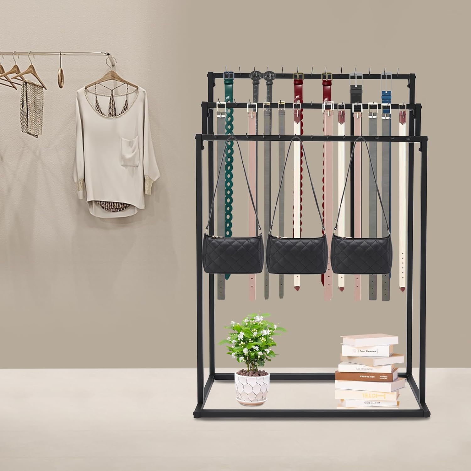 Floor Standing Belt Hanger, 3-Tier Ties Scarf Rack Shawls Purse Shelf Adjustable Feet Metal Belt Organizer W/Hooks for Scarves, Purses, Retail Stores,Vending, Boutiques, Supermarket, Home Use (Black)