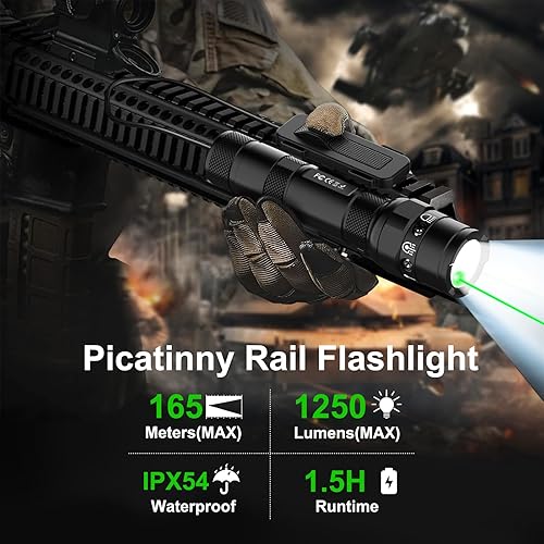 Miniatura 7 de Mlok - Combo de linterna láser para rifle  1250 lúmenes de luz láser roja para pistola larga, linterna táctica recargable por USB con interruptor de