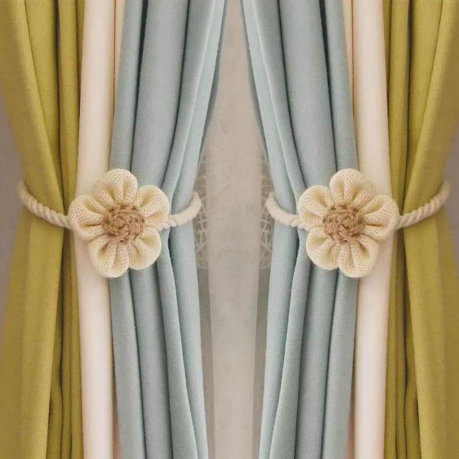 HOBBIESAY 2 fermatenda a forma di fiore bohémien, con clip, corda decorativa, beige, per camera da letto e finestra