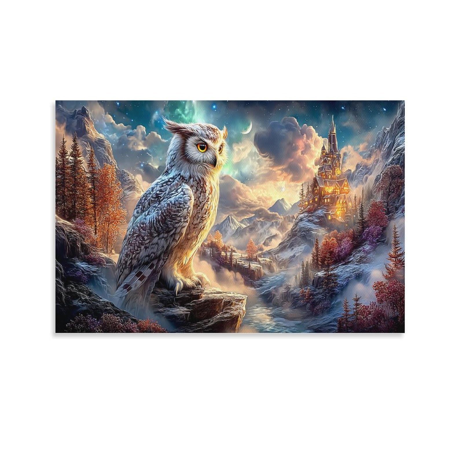 XPASHIQWC Owl Poster Artwork Snowy Mountain Castle Giclee Canvas Prints Modern Canvas Wall Art Picture Wall Hanging for Home Decorations 24x36inch(60x90cm)