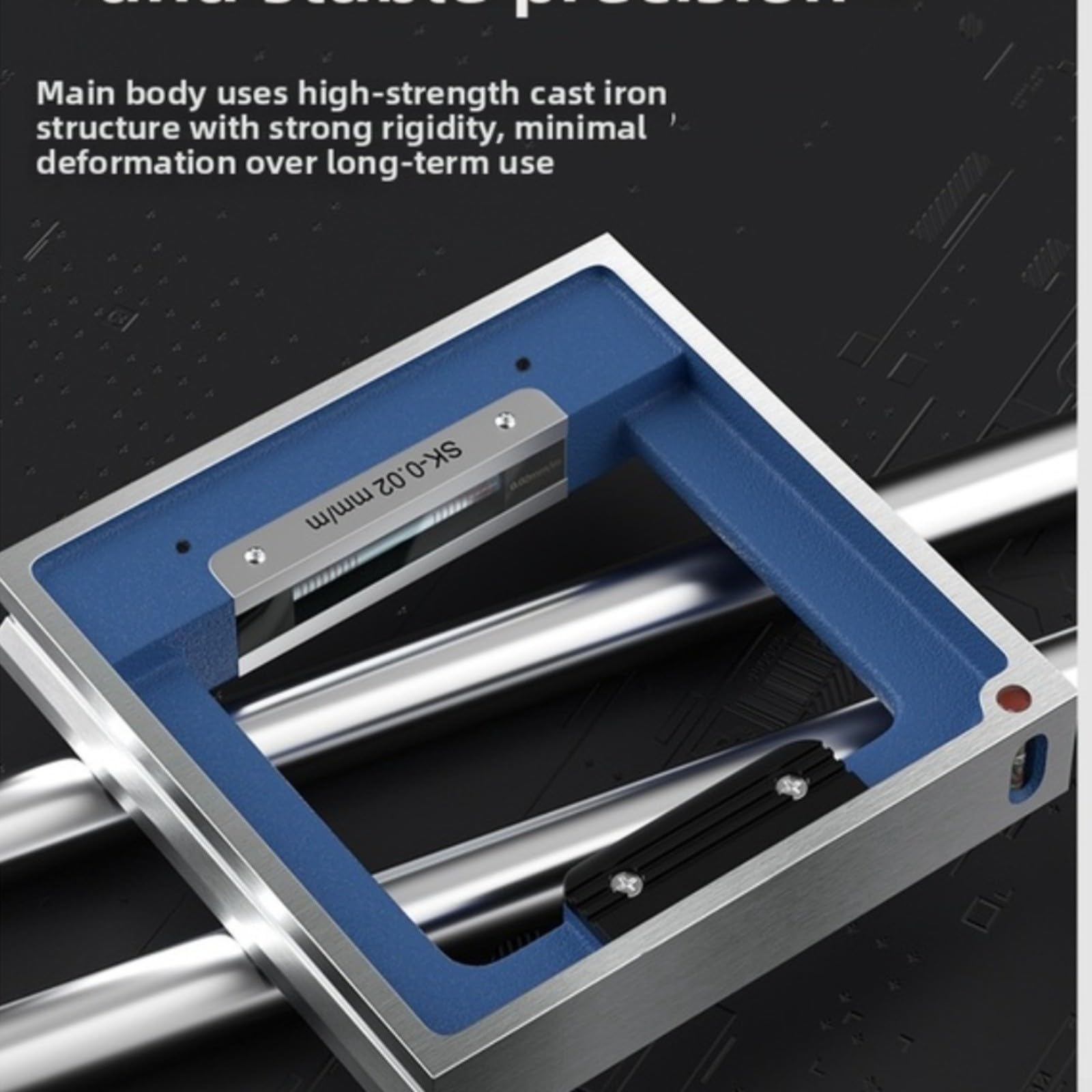 Niveau à bulle en fonte avec base en V, niveau à bulle de précision 0,02 mm/m pour l'industrie et la construction, construction en métal robuste avec grande fenêtre de lecture, bleu, 100 x 100 x 35 mm