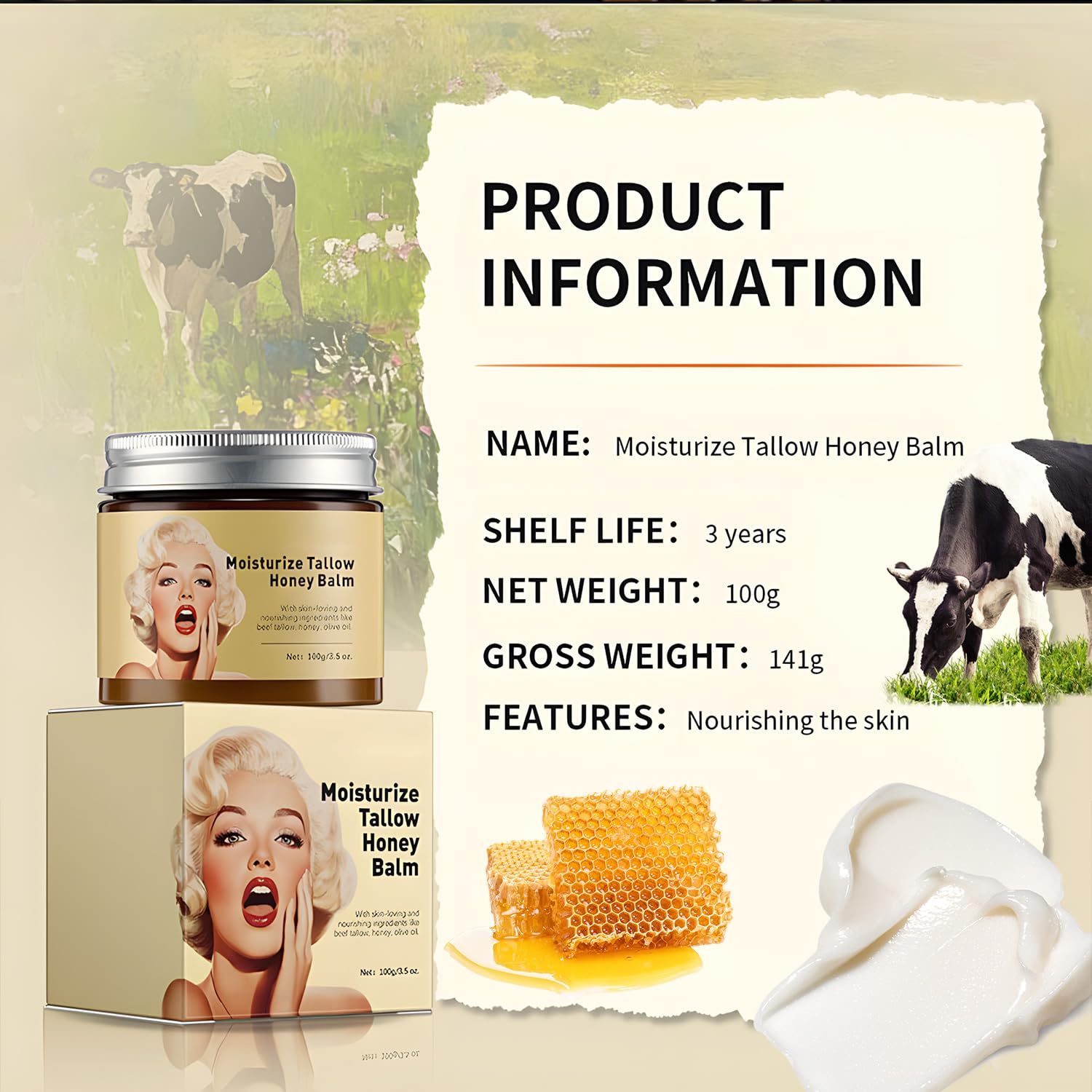 Tallow and Honey Balm For Skin，Organic Beef Tallow Face Moisturizer Blam，Cleanser Hydrating Grass Fed Tallow and Honey Blam For Face