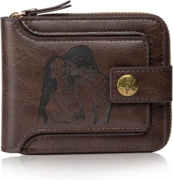 JewelOra Personalized Mens Photo Wallet, Custom Engraved Text Wallet Personalized Mens Zipper Wallet Birthday Christmas Gift for Husband, Dad, Son, BoyfriendBrown-5