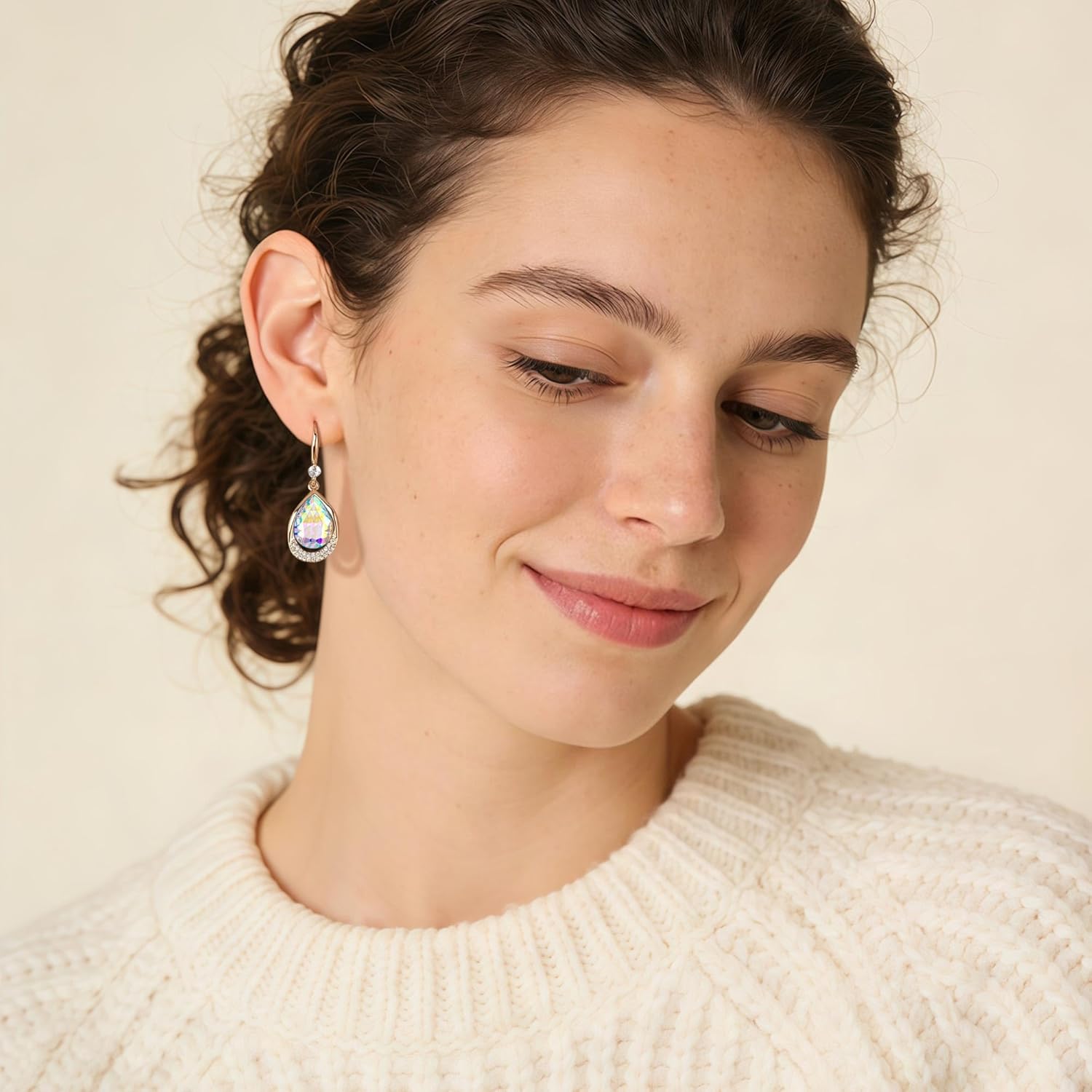 Austrian Crystal Halo Teardrop Hollow Drop Dangle Earrings for Women 14K Rose Gold Plated Hypoallergenic Jewelry Gifts - Image 2