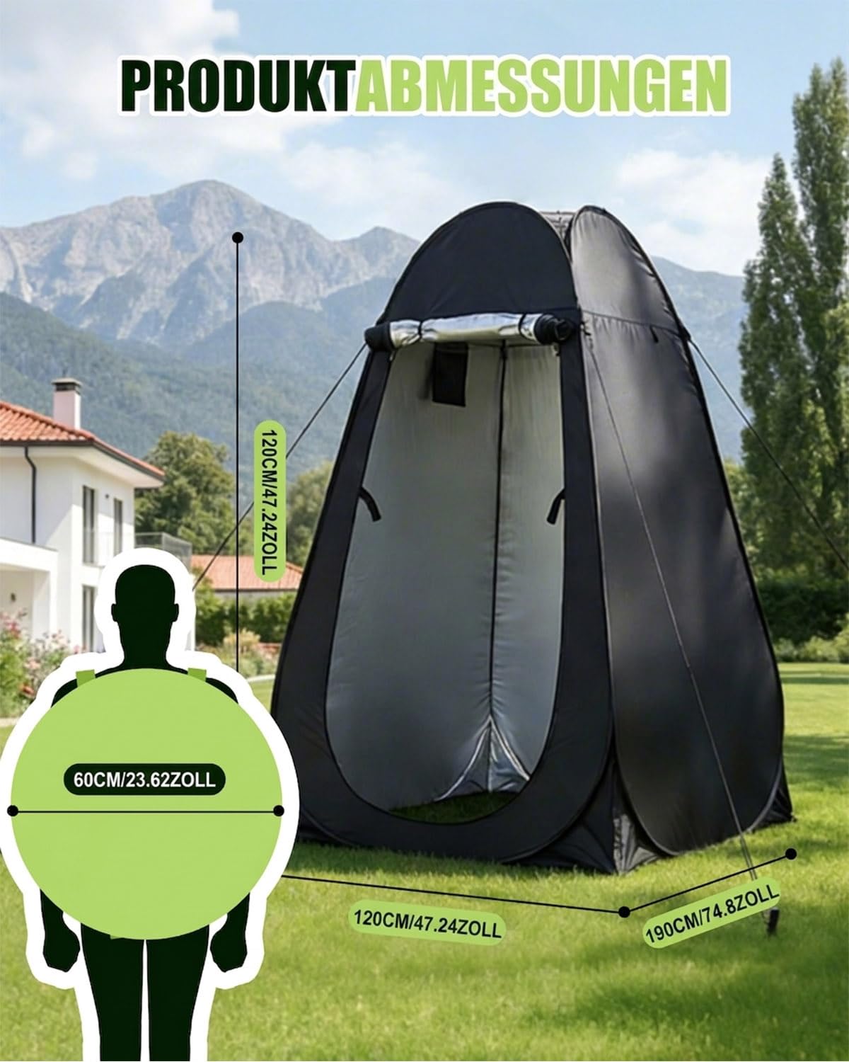 Duschzelt Camping Toilettenzelt, Pop Up Umkleidezelt mit Tasche & Zubehör, Wasserfest UV-Schutz Umkleidekabine WC Zelt, Strandumkleidezelt für Outdoor, Strand, Wandern, 120 x 120 x 190 cm Schwarz