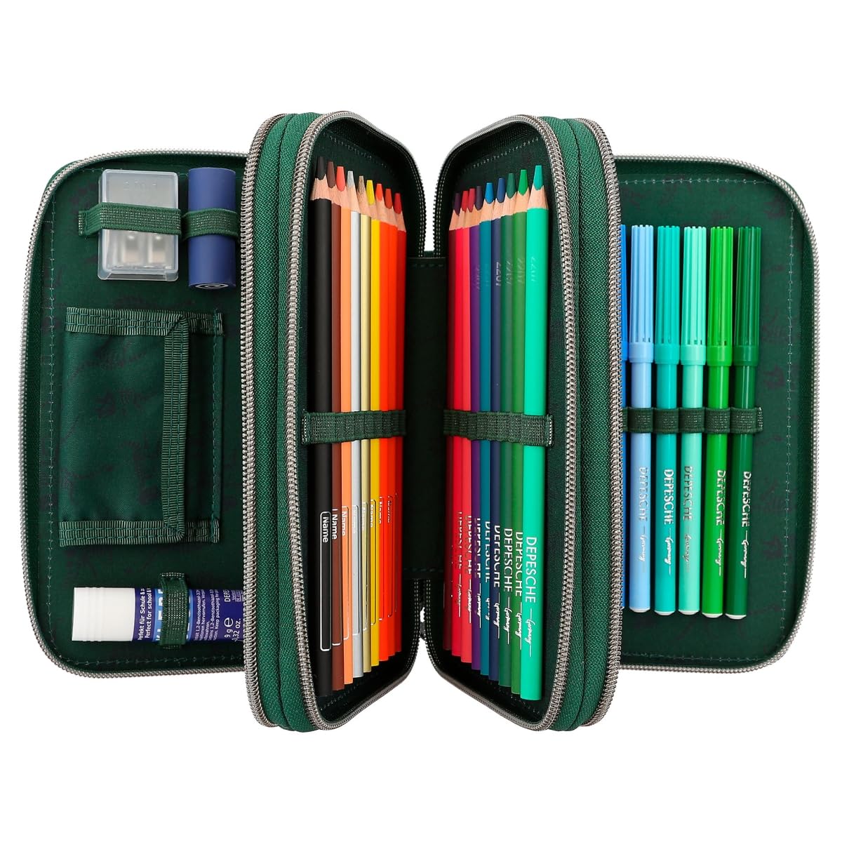 Depesche 12506 Dino World - Estuche de 3 compartimentos en diseño dinosaurio con cadena, lápices colores, regla, tijeras y mucho más.