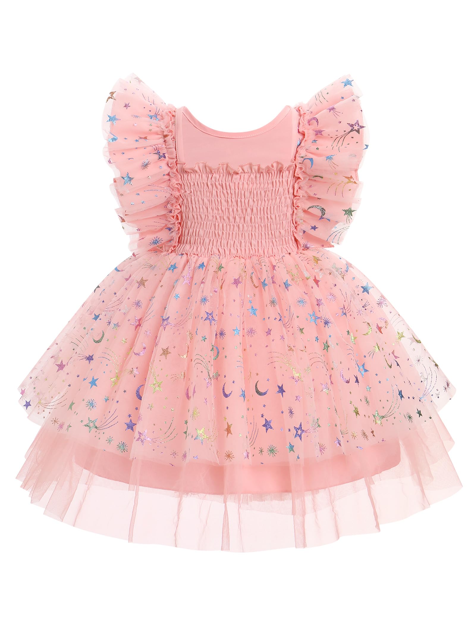 IMEKIS 1st 2nd Birthday Girl Outfit: Baby Space Cake Smash Toddler Graduation Smocked Dress Kids Princess Sparkly Tulle Tea Party Formal Pageant Tutu Photoshoot Peach Stars Moon 12-18 Months