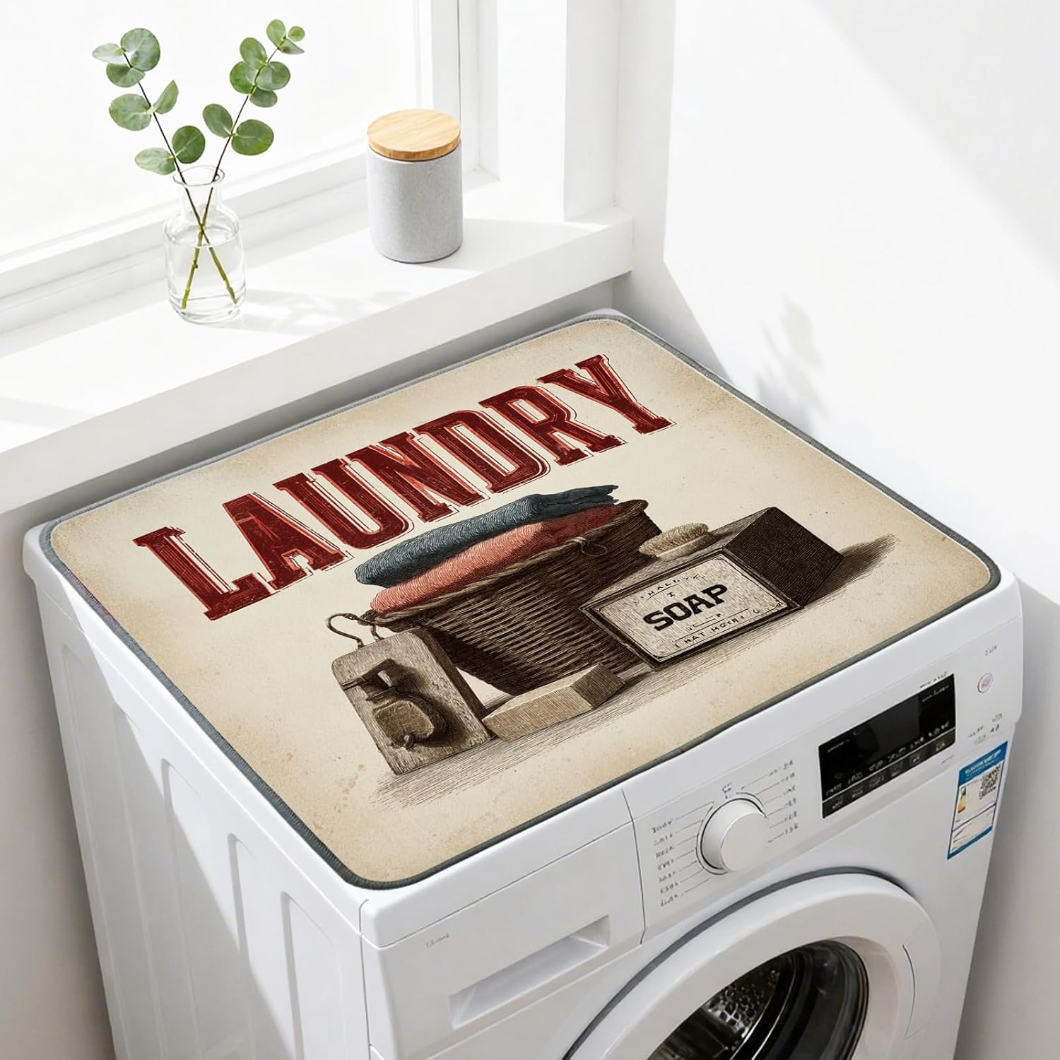 Nuxovilar Retro Laundry Basket Dryer Cover for the Top, Non-slip Washer & Dryer Protector, 23.62"x19.68" Dust-proof Washing Machine Mat, Diatom Mud Polyester Dryer Top Pad for Laundry Room