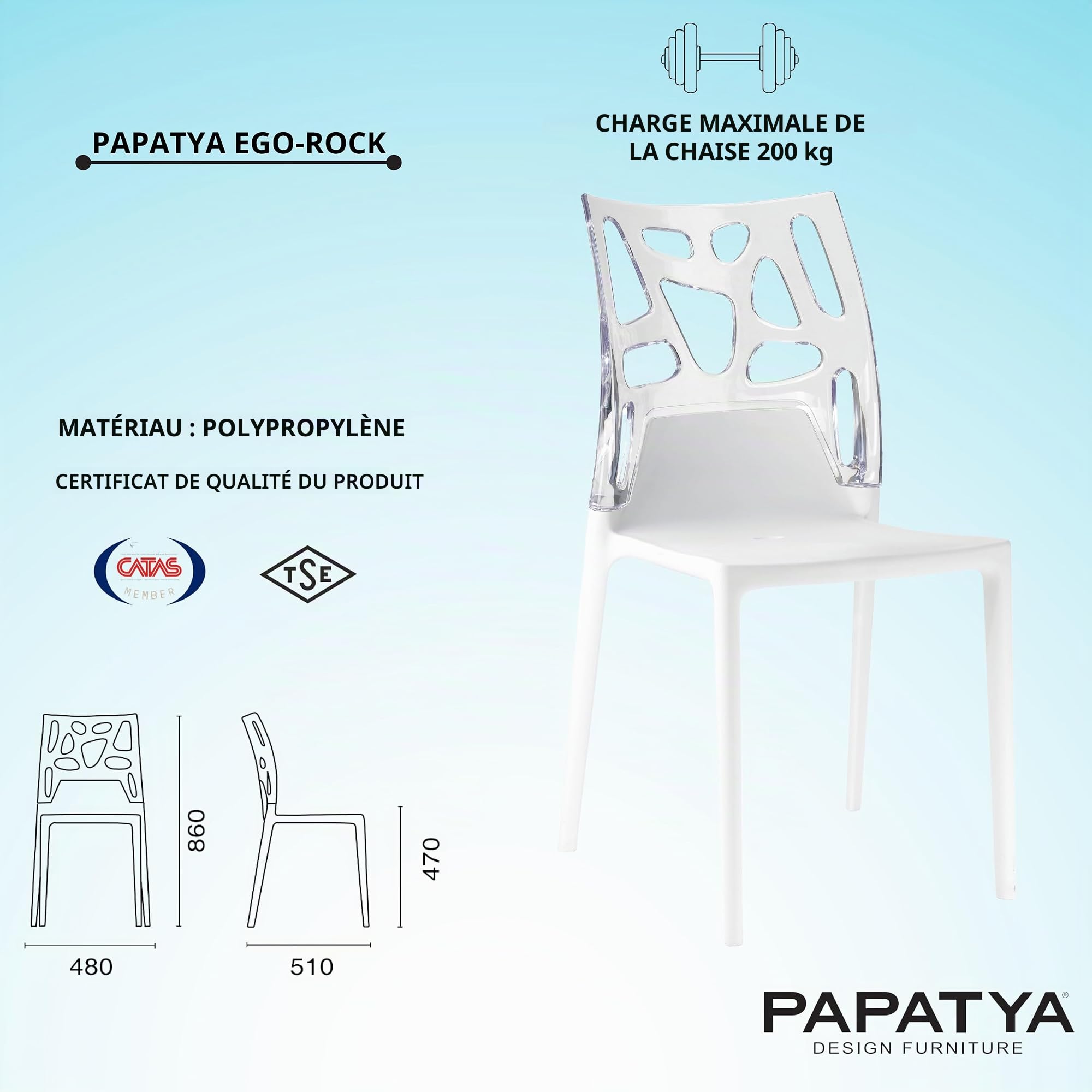 PAPATYA EGO-Rock Chaise Design en Plastique - Capacité de Charge 200 kg, Stable pour Hôtel, Restaurant, Légère pour Balcon - Blanc Transparent