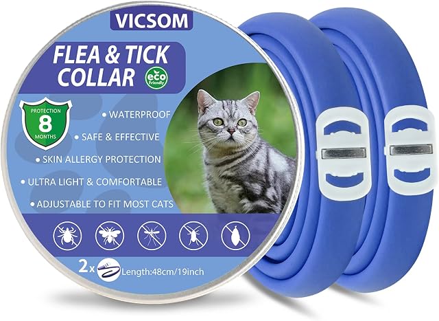 Flea and Tick Collar for Cats, Flea Cats Collar, Flea Treatment Cats, 8 Months Protection Waterproof Adjustable Cat Flea and Tick Collar, Natural Anti Tick Collar for Kittens Cats Puppies Blue 2Pcs