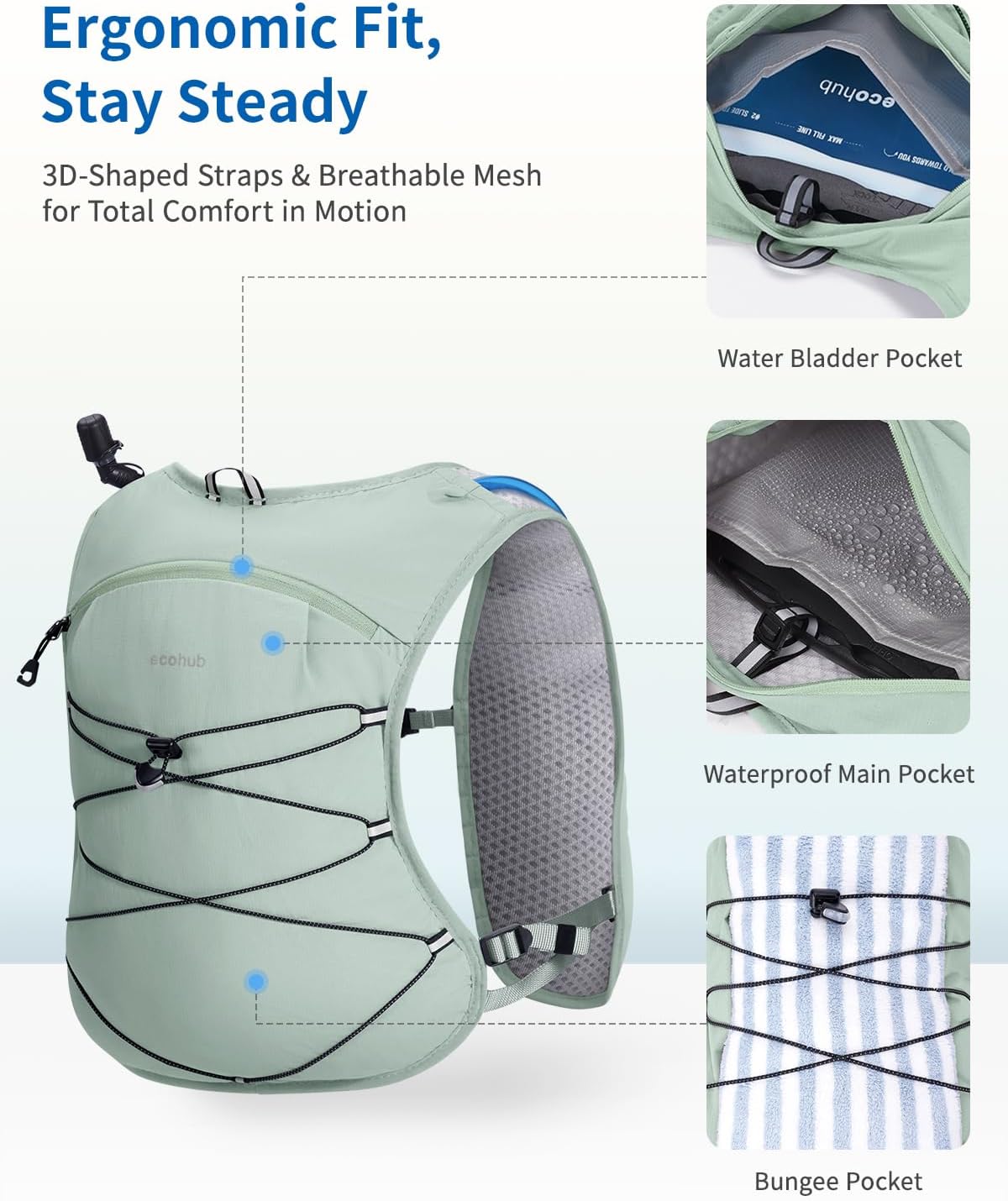 ECOHUB Running Hydration Vest Backpack, Lightweight Hydration Pack Bag Daypack for Hiking Cycling Marathon Backpack Vest for Women Men (No Bladder Included)