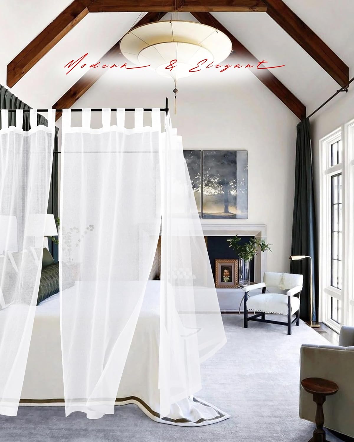 8 Panels Canopy Curtains White Canopy Bed Curtains for King Full/Queen and Twin Bed Frame,Eight Poster Bed Canopy Curtains Drapes,Sheer Canopy Bed Drapes with Top and Self-Adhesive Velcro (42"x74")