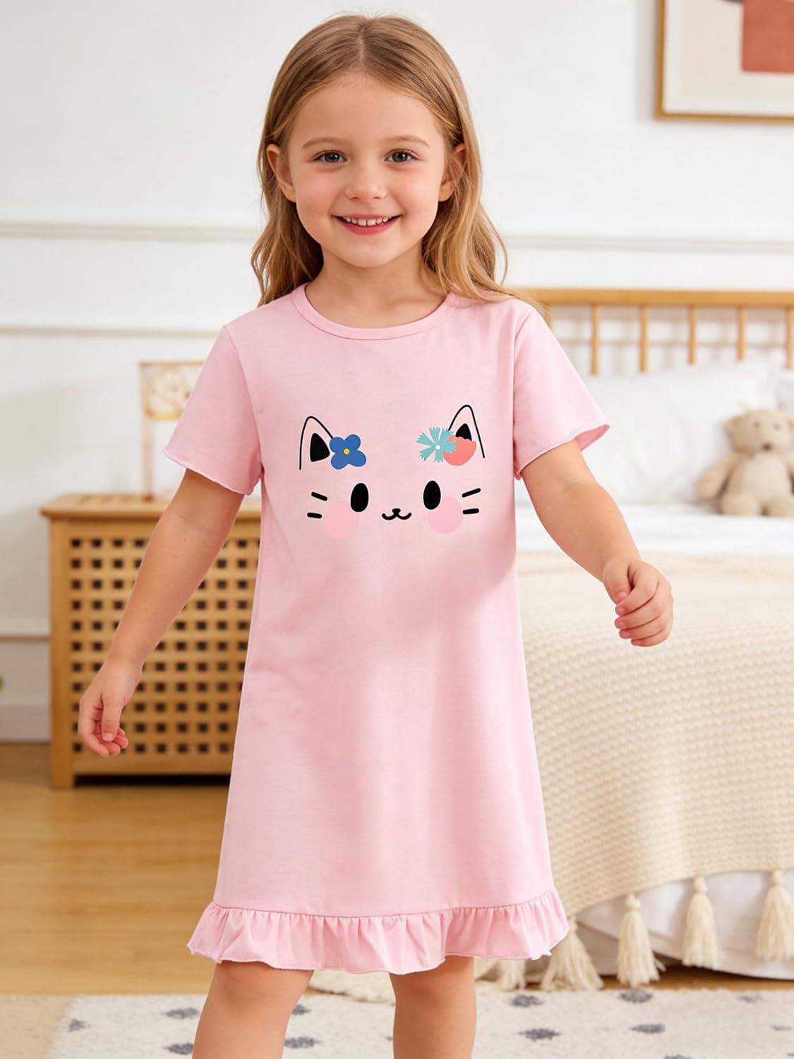 Tkria Girls Nightgowns Toddler Nightdress Summer Sleepwear Kid Short Sleeve Nightie Pajamas Ruffle Pink Graphic Dress 3-10T