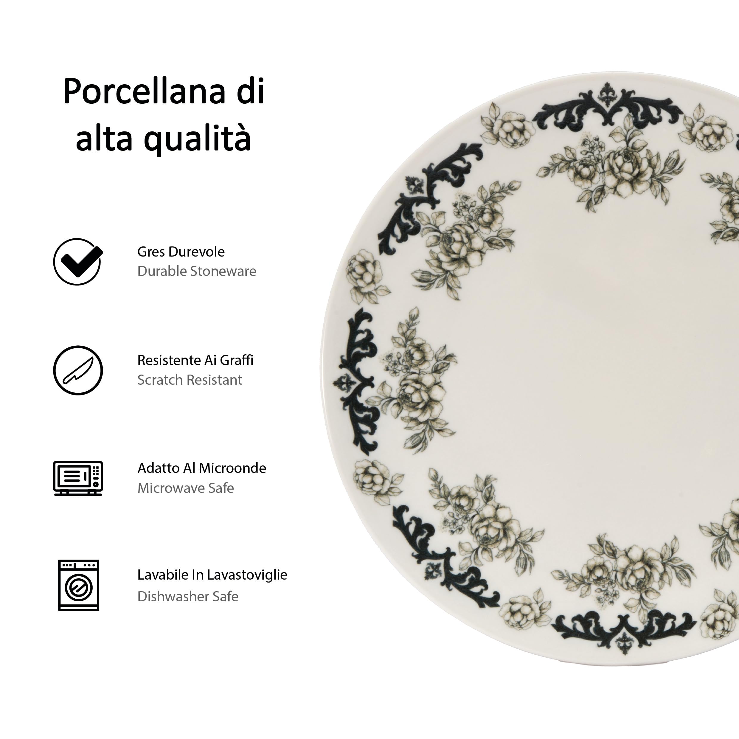 Set piatti ROSE BLACK | 18 pezzi floreali porcellana moderna per cene eleganti