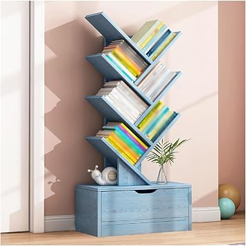 8/10/12/14 Tiers Tree Bookshelf with Drawer,Storage Display Shelf,Floor Standing Bookcase Vertical Book Shelves,for Living Room Study OfficeBlue,8 Tier