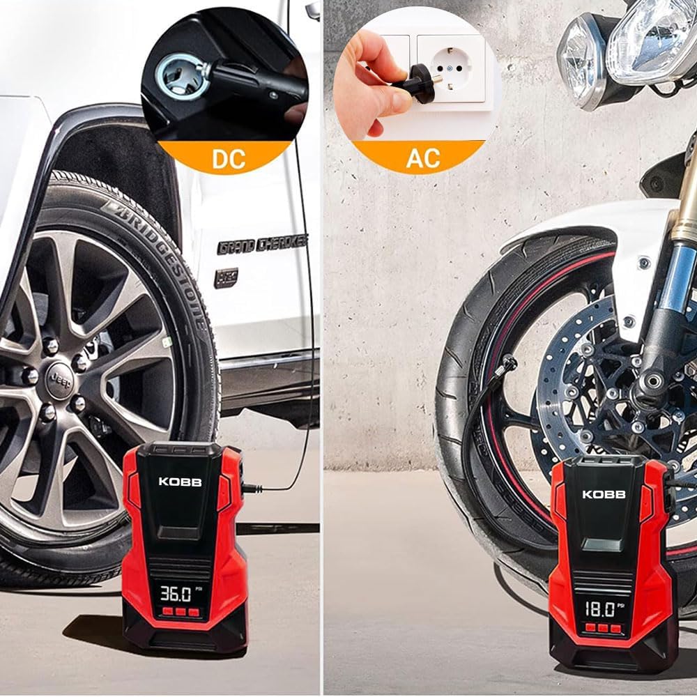 Inflador Kobb KB220 conectado á corrente continua do coche e á corrente alterna da parede