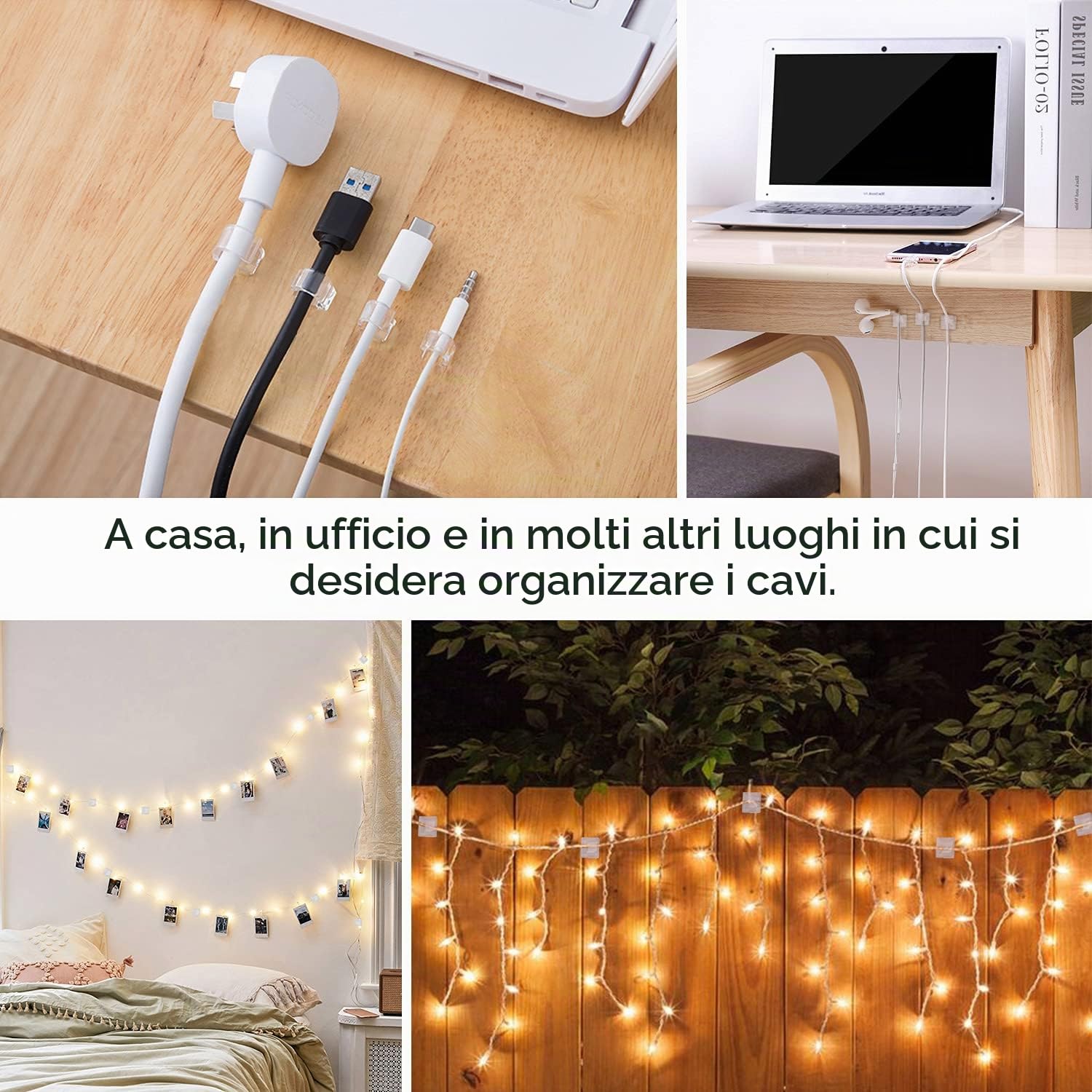 RYCHUI Fermacavi Autoadesivi 60 Pezzi - Clip Organizzatore per Luci Natalizie Esterno, Supporto Ganci Cavi Trasparente per Decorazioni Festive, LED Fairy Lights