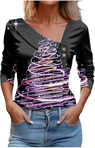 Kenvina Womens Fall Fashion 2023 Long Sleeve Tops Christmas Printed Blouses Button Lapel Collar Blouse Dressy Casual Shirts