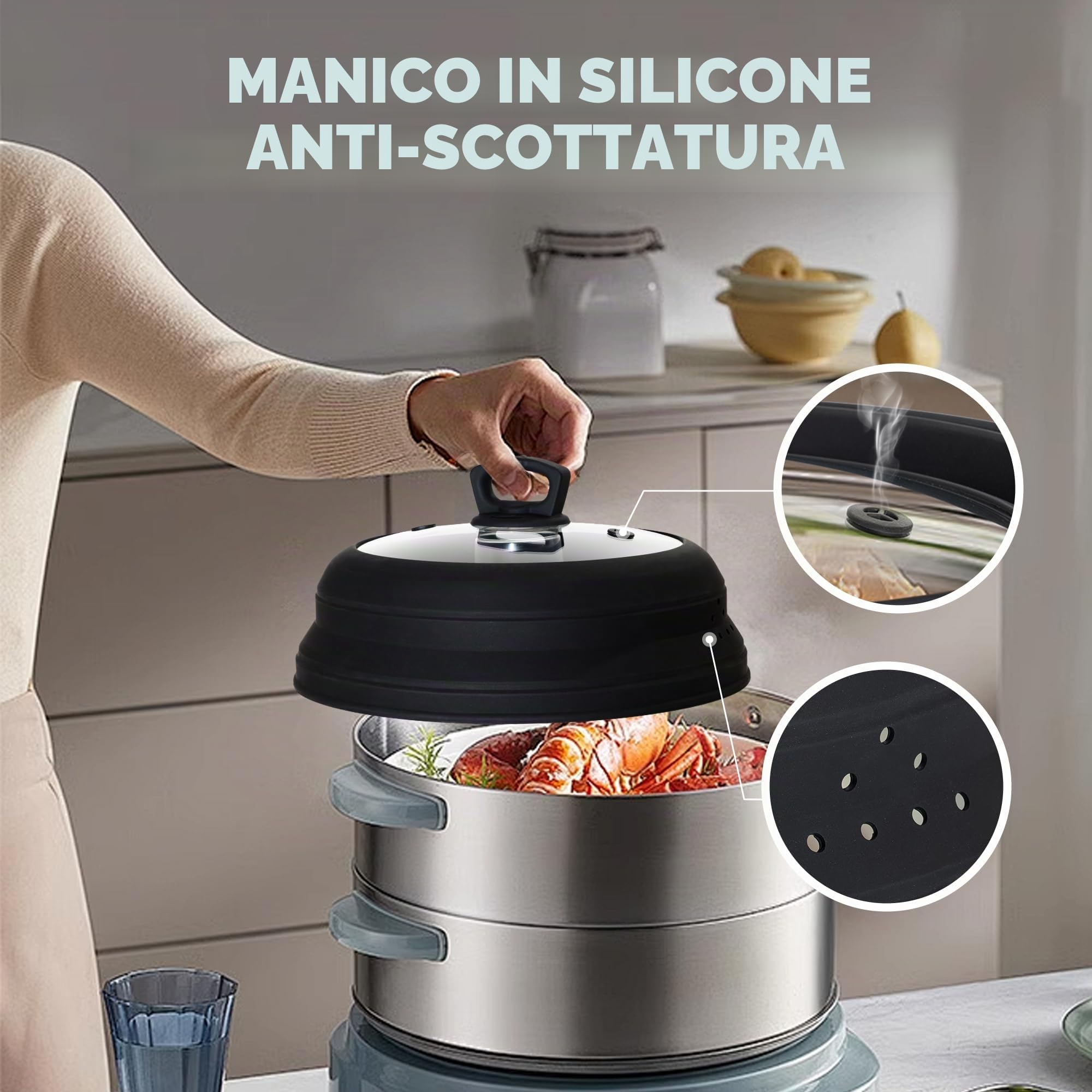 Copertura per forno a microonde, in vetro temperato, per alimenti, 30 cm, in silicone, pieghevole, per cucina (nero)