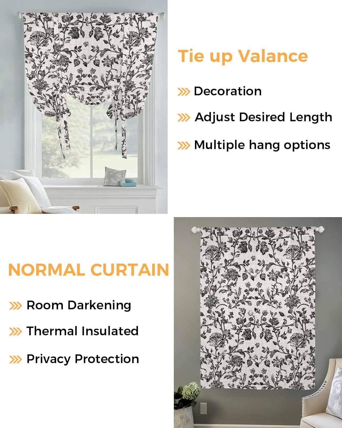 Farmhouse Black Tie Up Curtains for Kitchen Windows,Adjustable Rod Pocket Vintage Flower Leaf Botanical Plant Valance 45 Inch Short,Bathroom Kitchen Living Room Balloon Roman Blind Shade,42"x45"