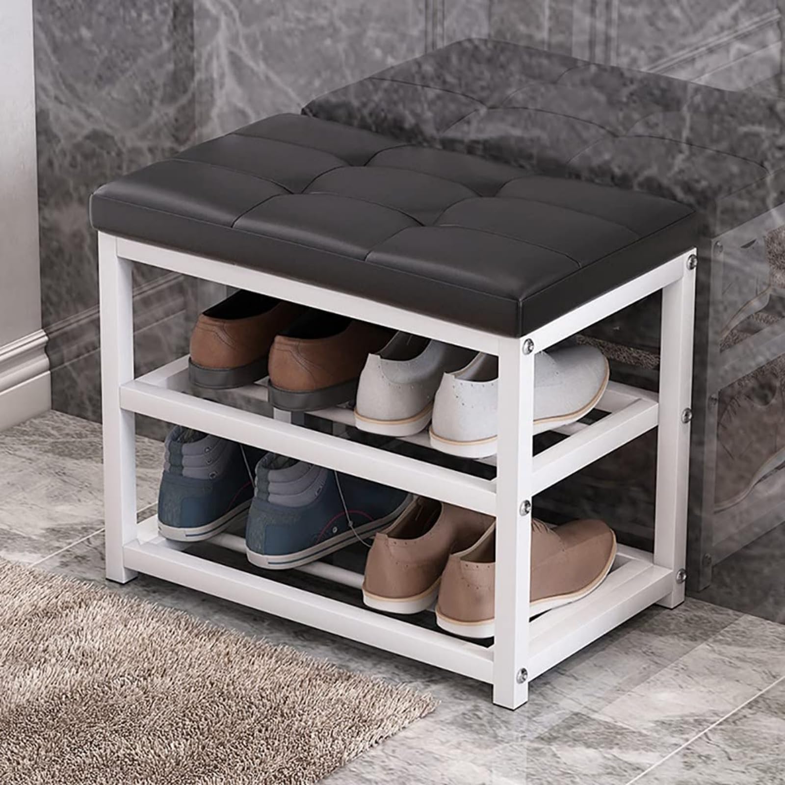 GHFXSCV Industrial Shoe Rack with Upholstered Seat, 3-Tier Metal Shelf, Sturdy Steel Structure for Entryway, Hallway & Living Room, Holds Up to 150kg