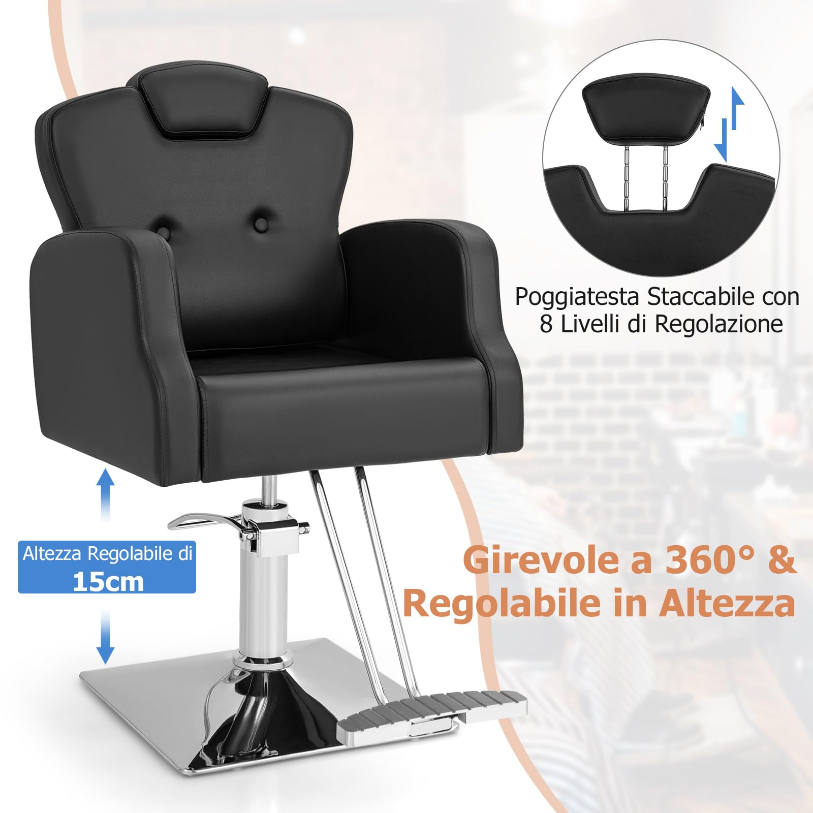 COSTWAY Poltrona da Barbiere con Altezza Regolabile, Sedia da Barbiere Girevole a 360°, Poggiatesta Regolabile, Portata 150 kg