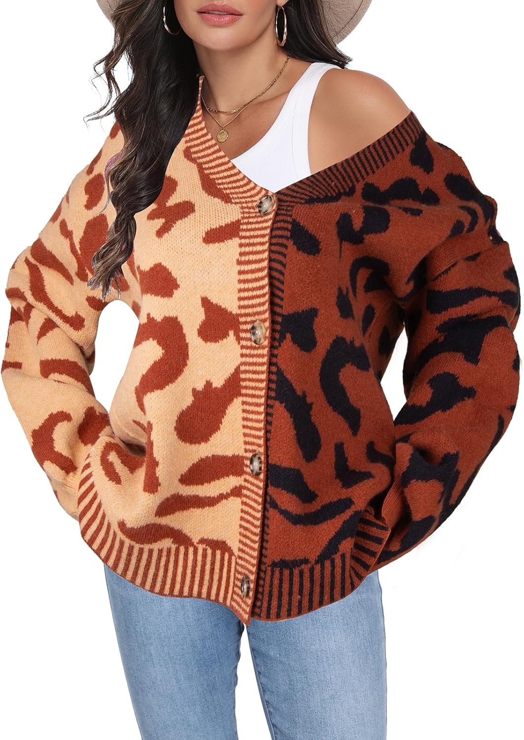 Miusey Women's Leopard Print Cardigan V Neck Open Front Long Sleeve Color Block Button Down Sweater Outwear - Image 6