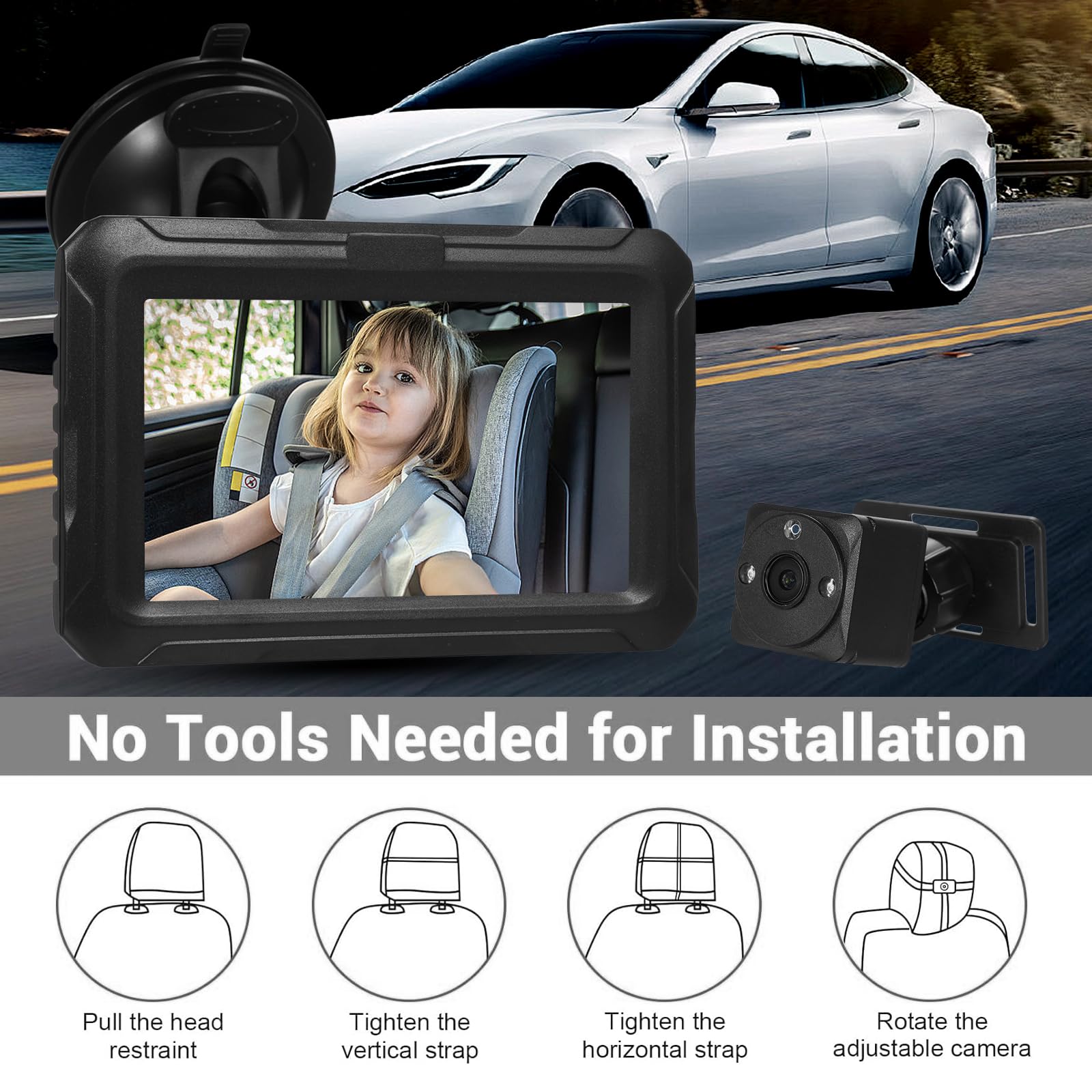 Espejo para Automóvil para Bebé, Monitor para bebé para automóvil HD 1080P de 4.3 '' con cámara para Asiento de automóvil para bebés Cámara para Asiento Trasero orientada hacia atrás
