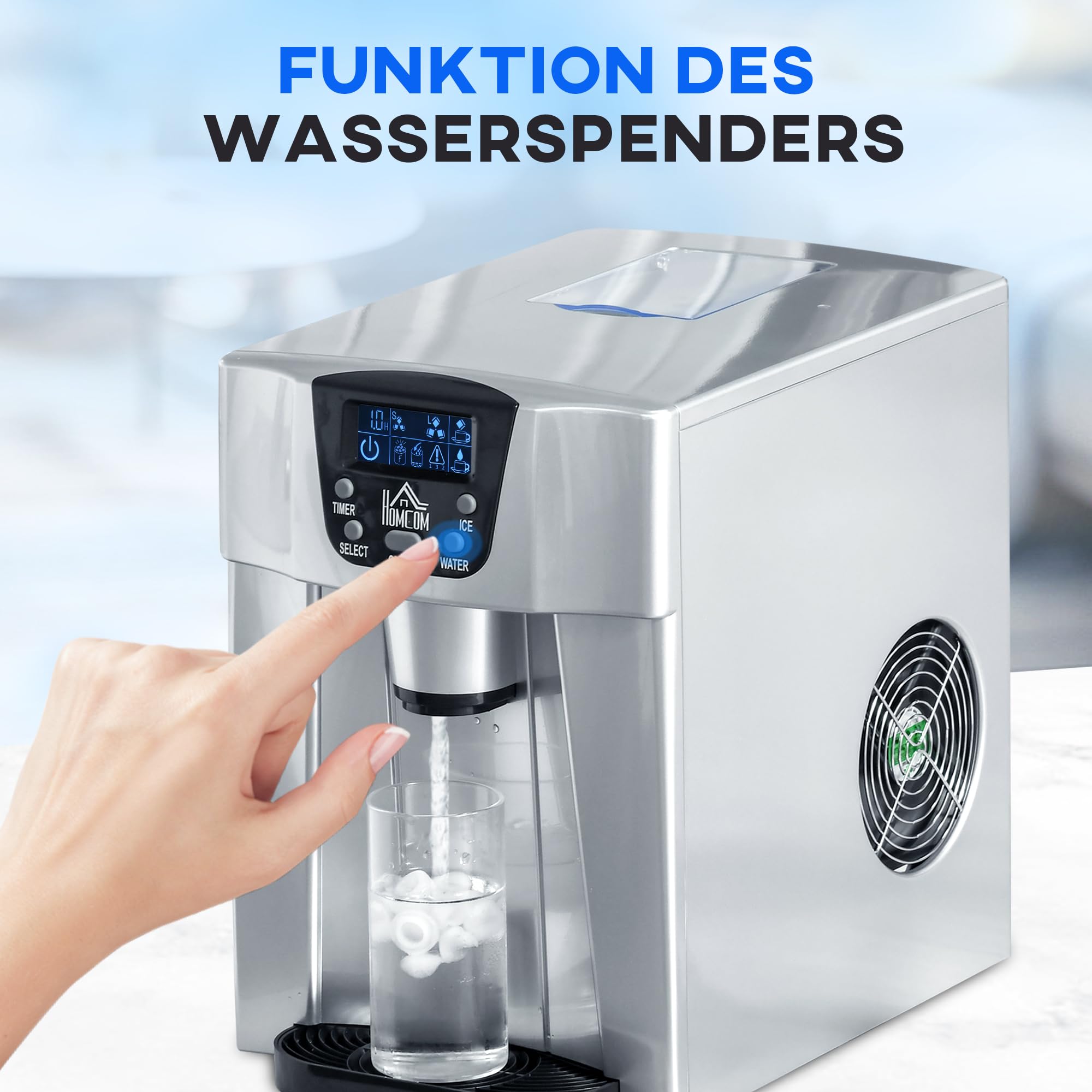 HOMCOM Macchina per cubetti di ghiaccio, 9 cubi, pronta in 6-10 minuti, 12 KG/24 H, stazione d'acqua con serbatoio d'acqua da 3 l, per cucina, ufficio, bar e feste, argento