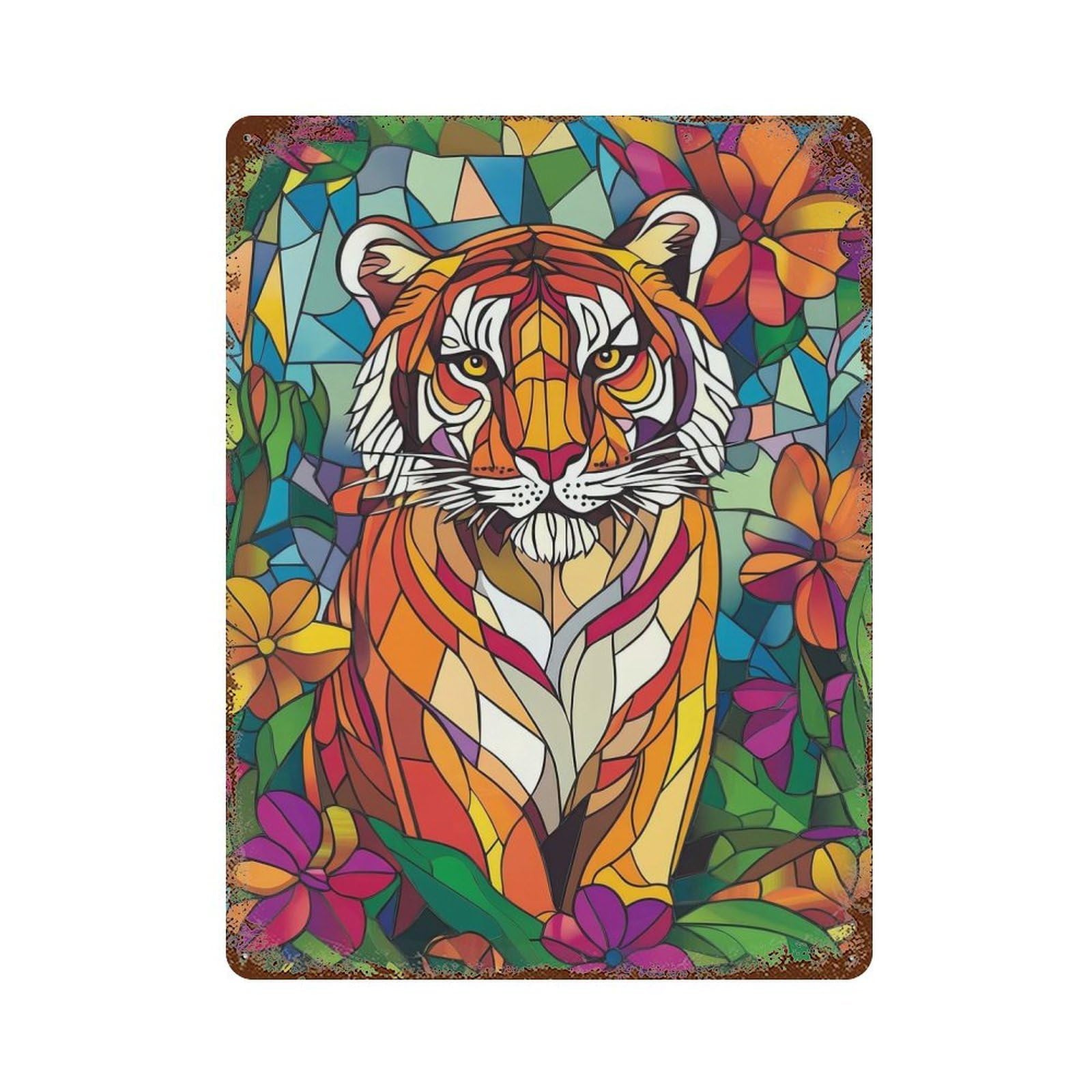 Retro Metal Sign with Stained Glass Tiger Design 15.7"x11.8", for Living Room, Hallway And Home Decor, Farmhouse Wall Decor