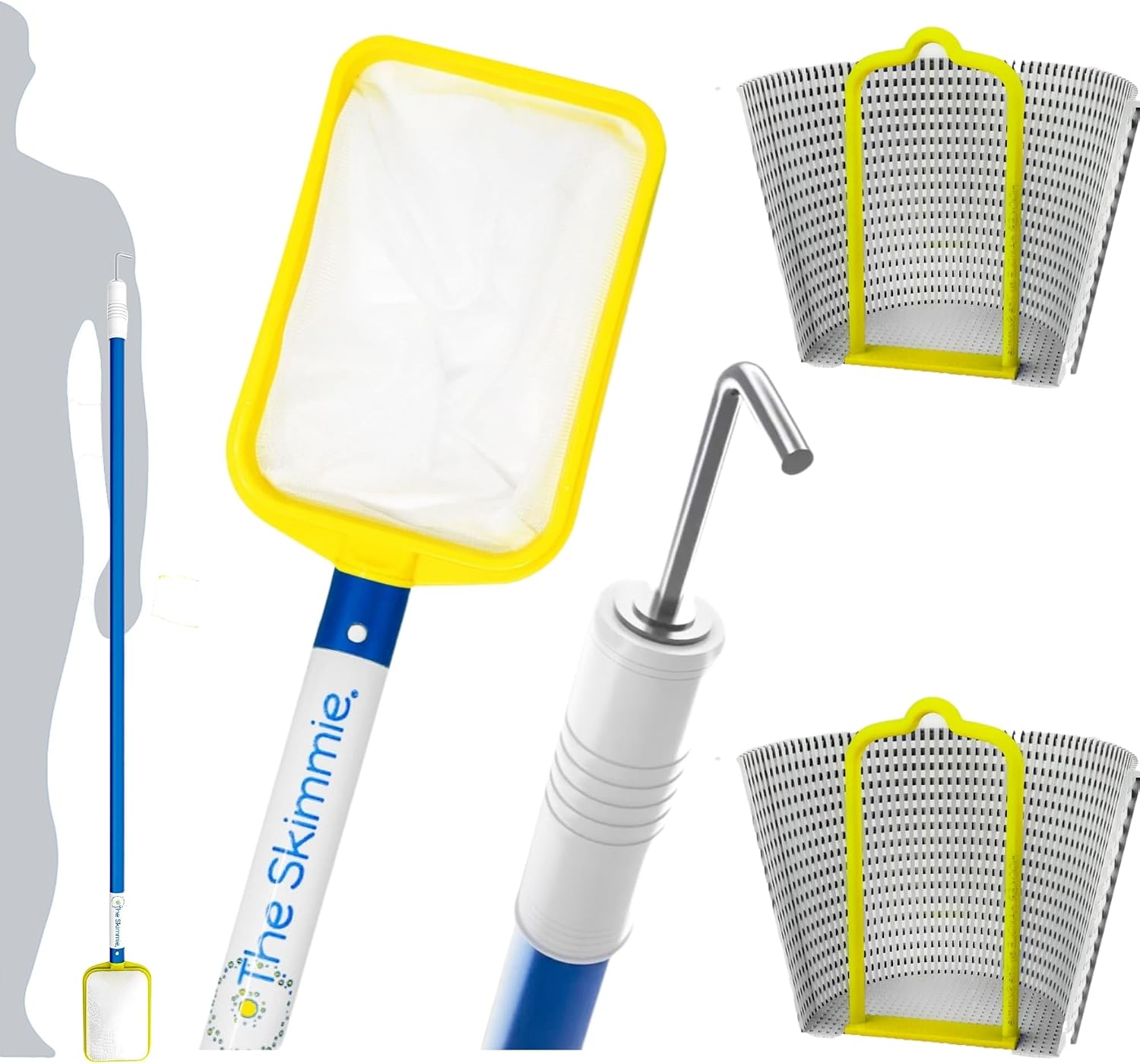 The Skimmie 4'7" Pool Skimmer Net with Pole, Hook & Fine Mesh. Collect Fine Debris and Dirt, Hands-Free Removal with 2 Handles & Screws Included - Essential Pool Cleaning Equipment