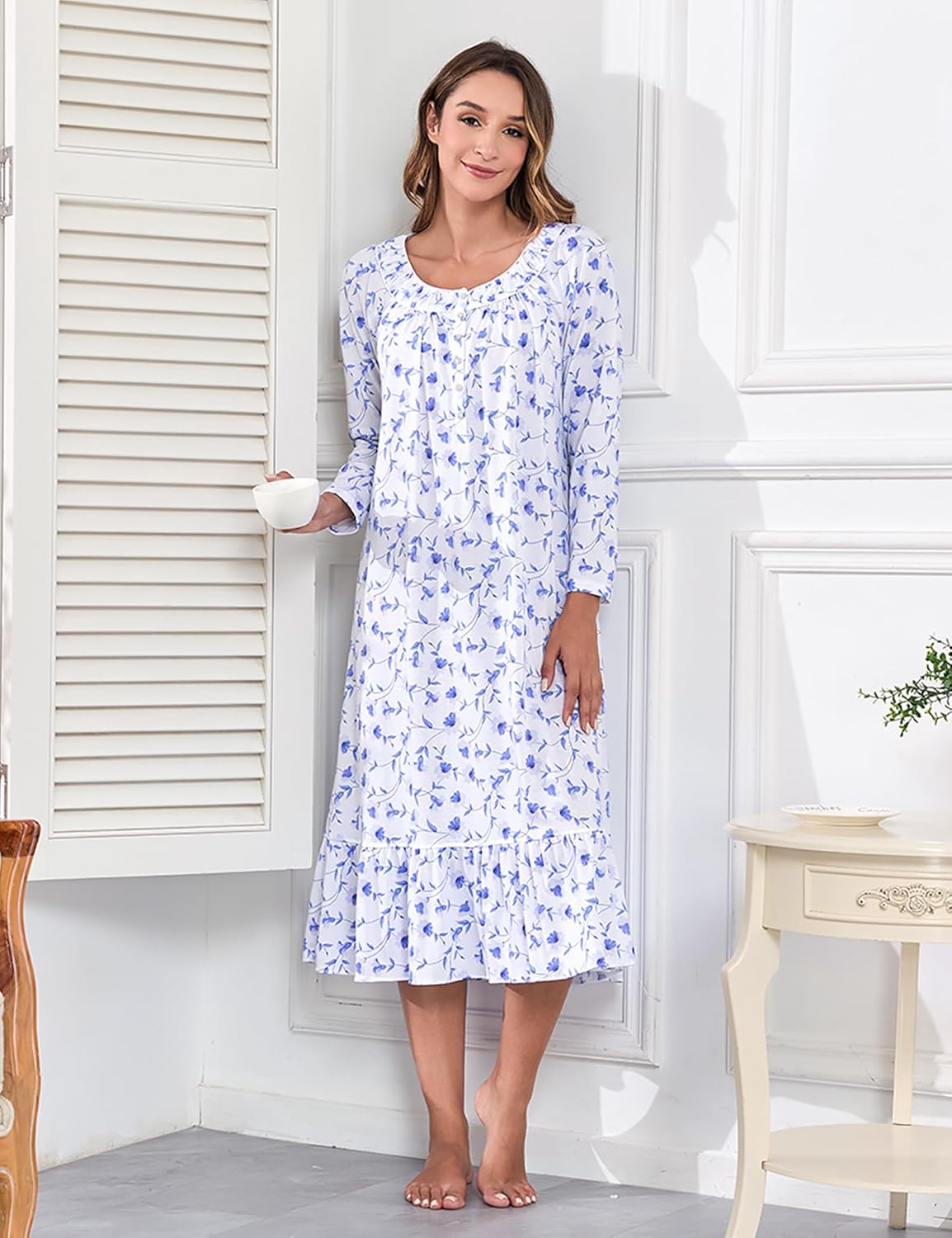 MZROCR Cotton Nightgowns for Women Soft Long Sleeve Night Gowns for Adult Women Comfy Night Shirts Lightweight SleepwearBlue morning glory on white Small - Image 5
