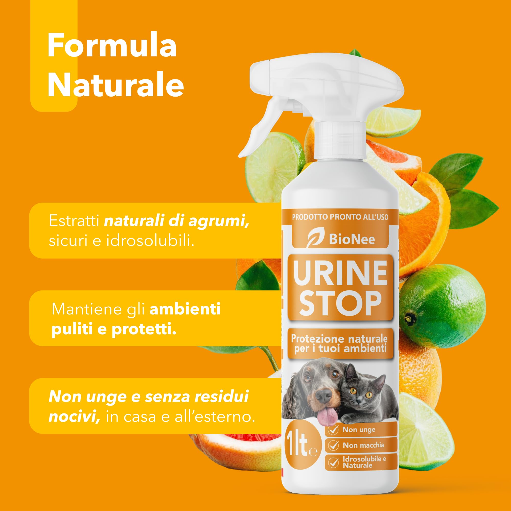 Bionee Urine Stop Spray Naturel pour Chiens et Chats 1L - Double action : Dishabituant aux Agrumes + Élimine les odeurs - Prêt à l'emploi, pas de taches, sûr pour les environnements intérieurs et