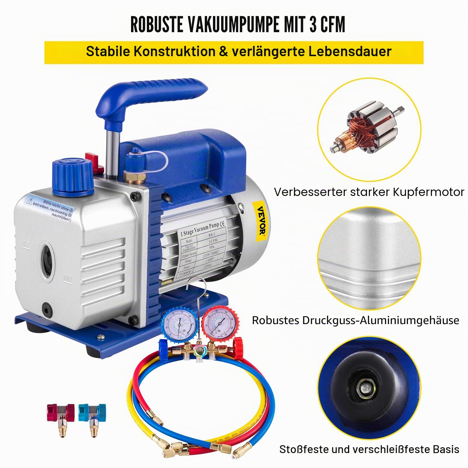 Mophorn Set Vakuumpumpe für Kältemittel, 3 CFM 1/4HP HVAC, Sammler-Messgerät AC/DC in einem kühlen Stock