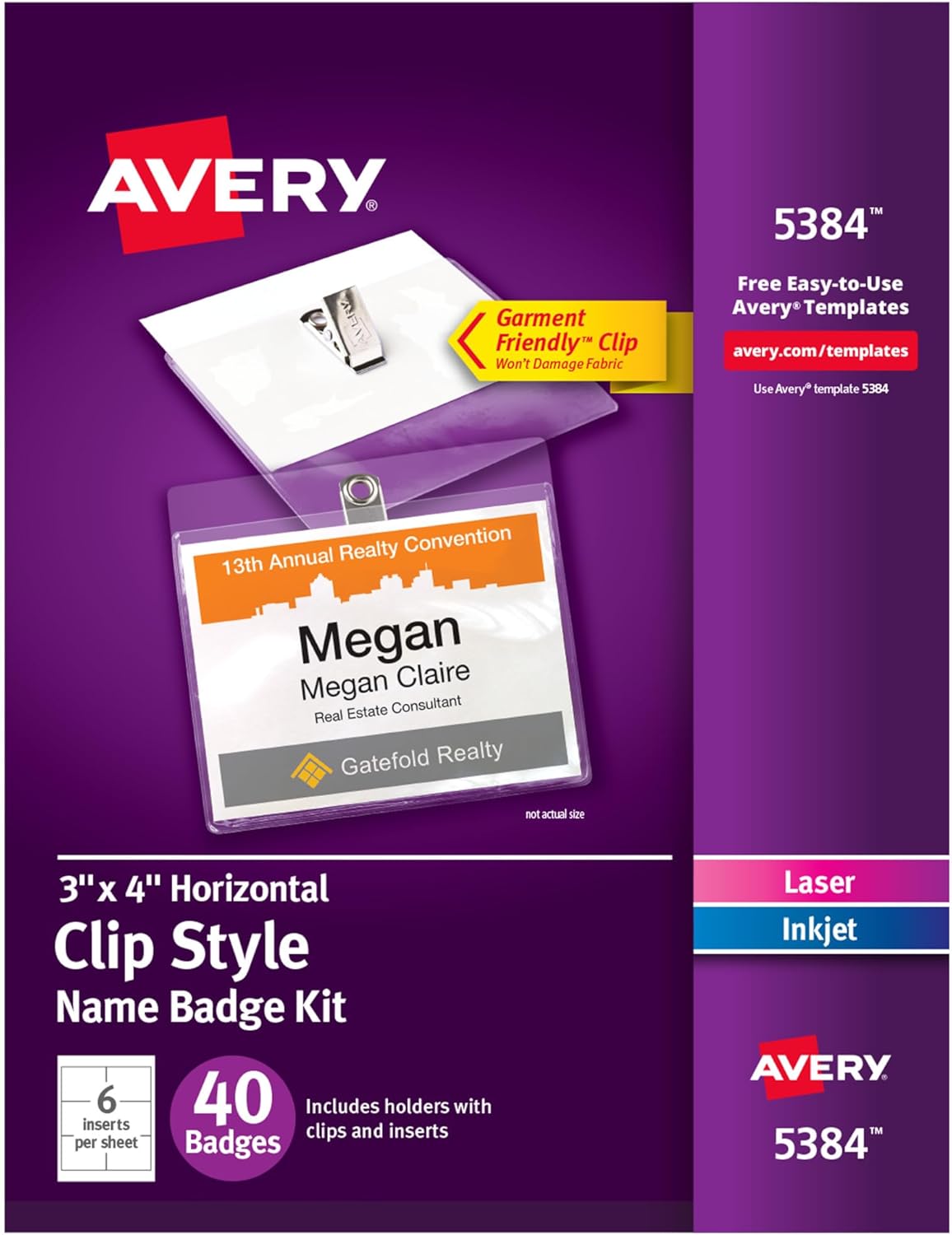 Avery Customizable Name Badges with Clips, 3" x 4", Clear