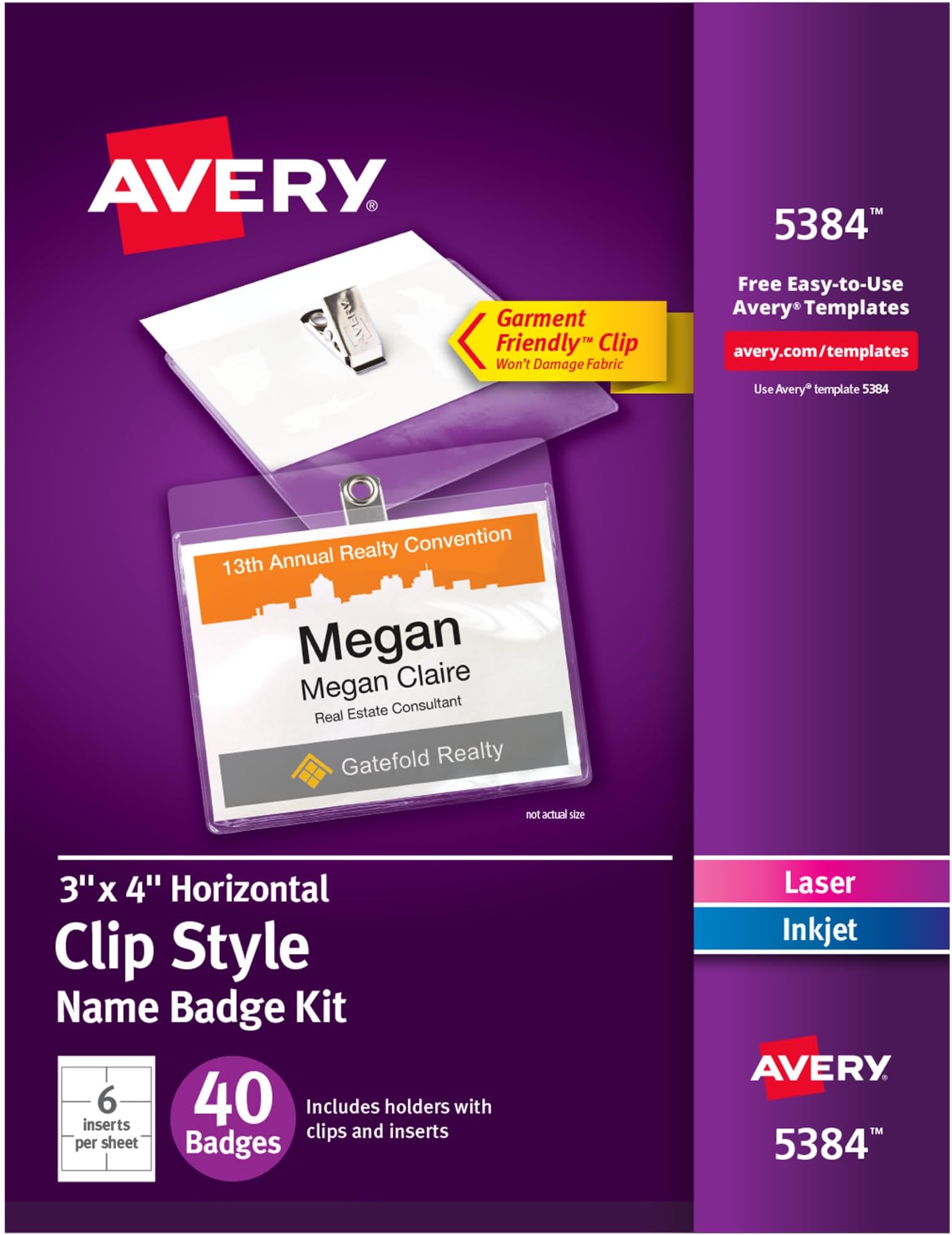 Avery Customizable Name Badges with Clips, 3" x 4", Clear Name Tag Holders with White Printable Inserts, 40 Clip Style Name Badges (5384)
