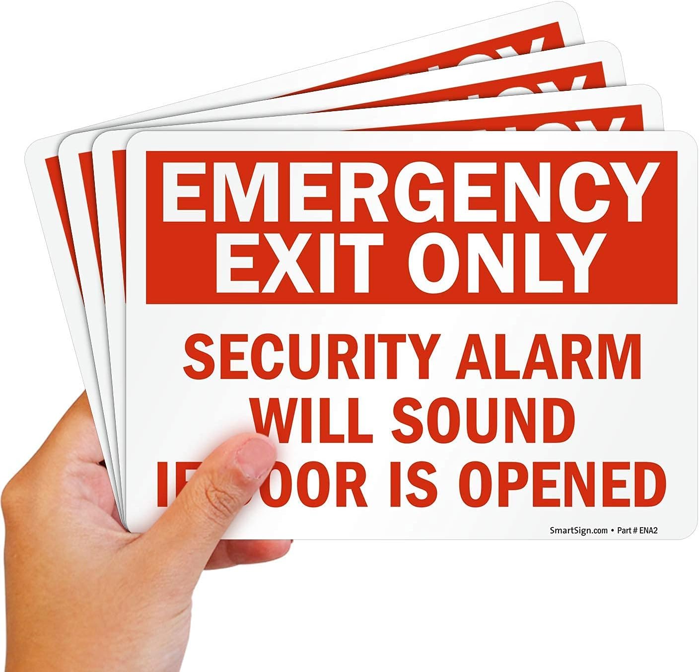 SmartSign (Pack of 4) 5 x7 inch “Emergency Exit Only - Security Alarm Will Sound If Door is Opened” Sticker Labels, 5 mil Laminated Polyester with SuperStick Adhesive, Red and White, Made in USA