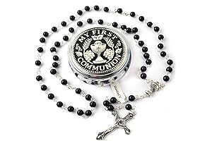 Boys First Communion Rosary: Classic Pearl Beads, Cross, Chalice Charm, Gift Box