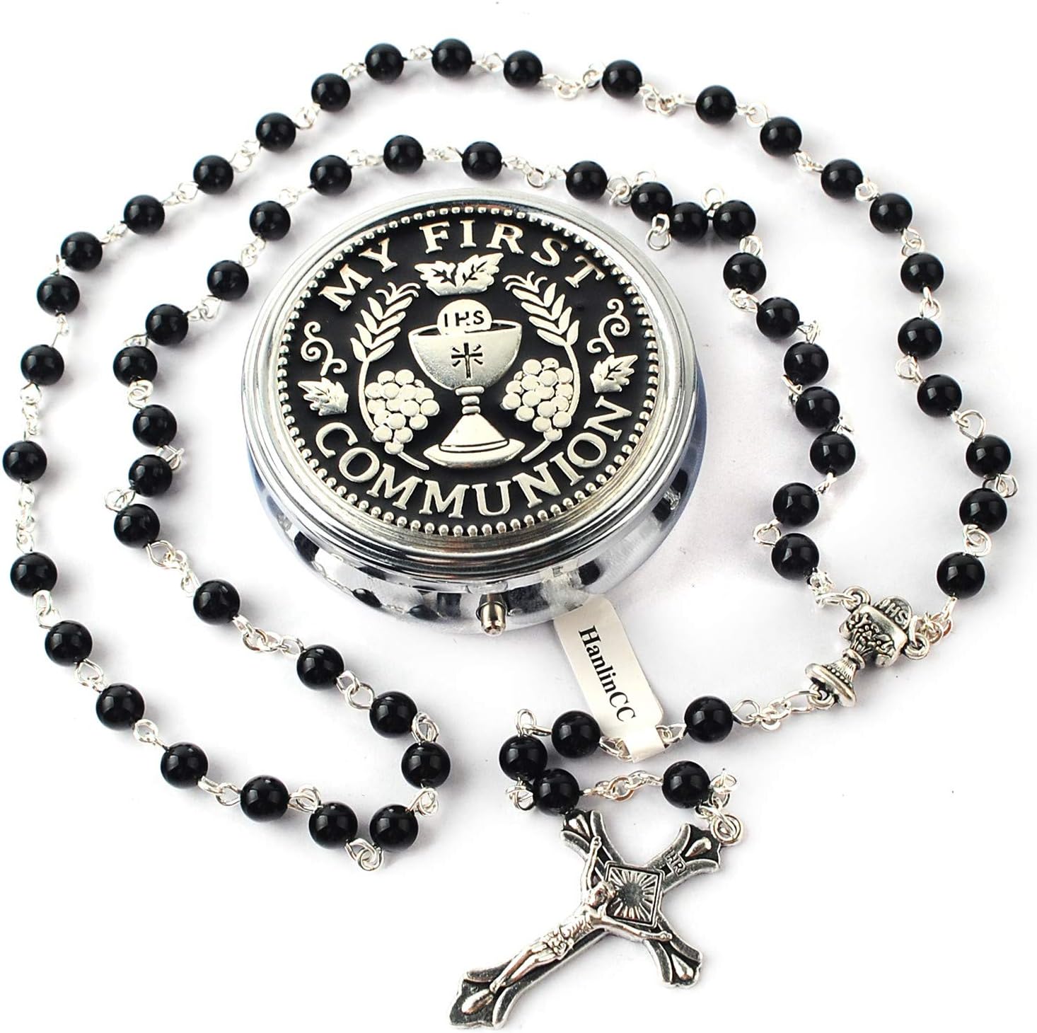 HanlinCC 6mm Glass Pearl Prayer Beads First Communion Rosary with Chalice Center Piece and Crucifix in Anti-Silver Plated Pack in Holy Cup Metal Gift Box