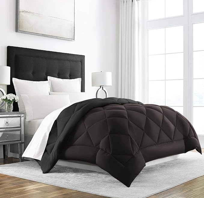 Linenovation All Season Microfiber -Reversable Duvet/AC Comforter/Quilt - Black Brown - Double Size 90 Inch x 100 Inch