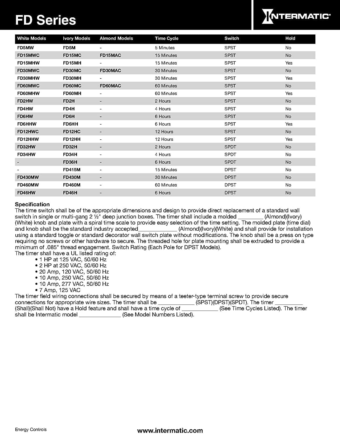 Table of Intermatic FD Series Timer Models and Specifications