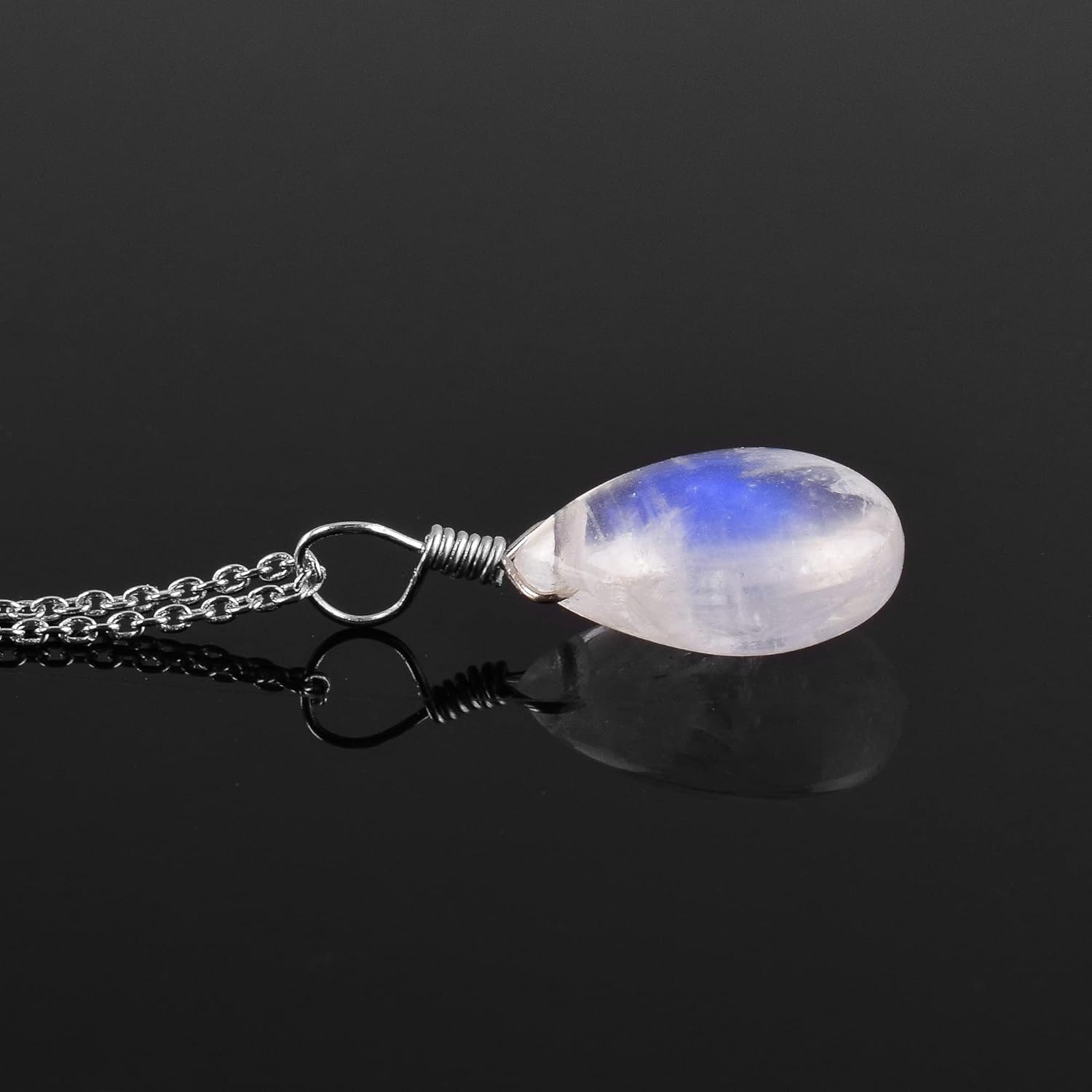 Natural Rainbow Moonstone Pear Pendant Necklace Rhodium Plated 925 Sterling Silver, Gemstone Necklace, Artisan Pendant, Silver Jewelry, Silver Wire, Dainty Pendant, Gift Her - Image 9