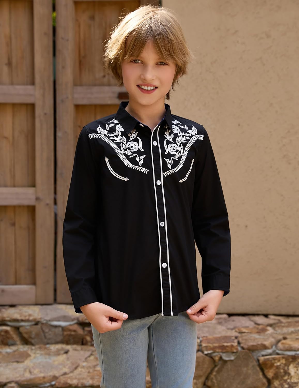 Boy's Western Cowboy Shirt Embroidered Long Sleeve Regular Fit Casual Cotton Button Down Hippie Shirts - Image 5