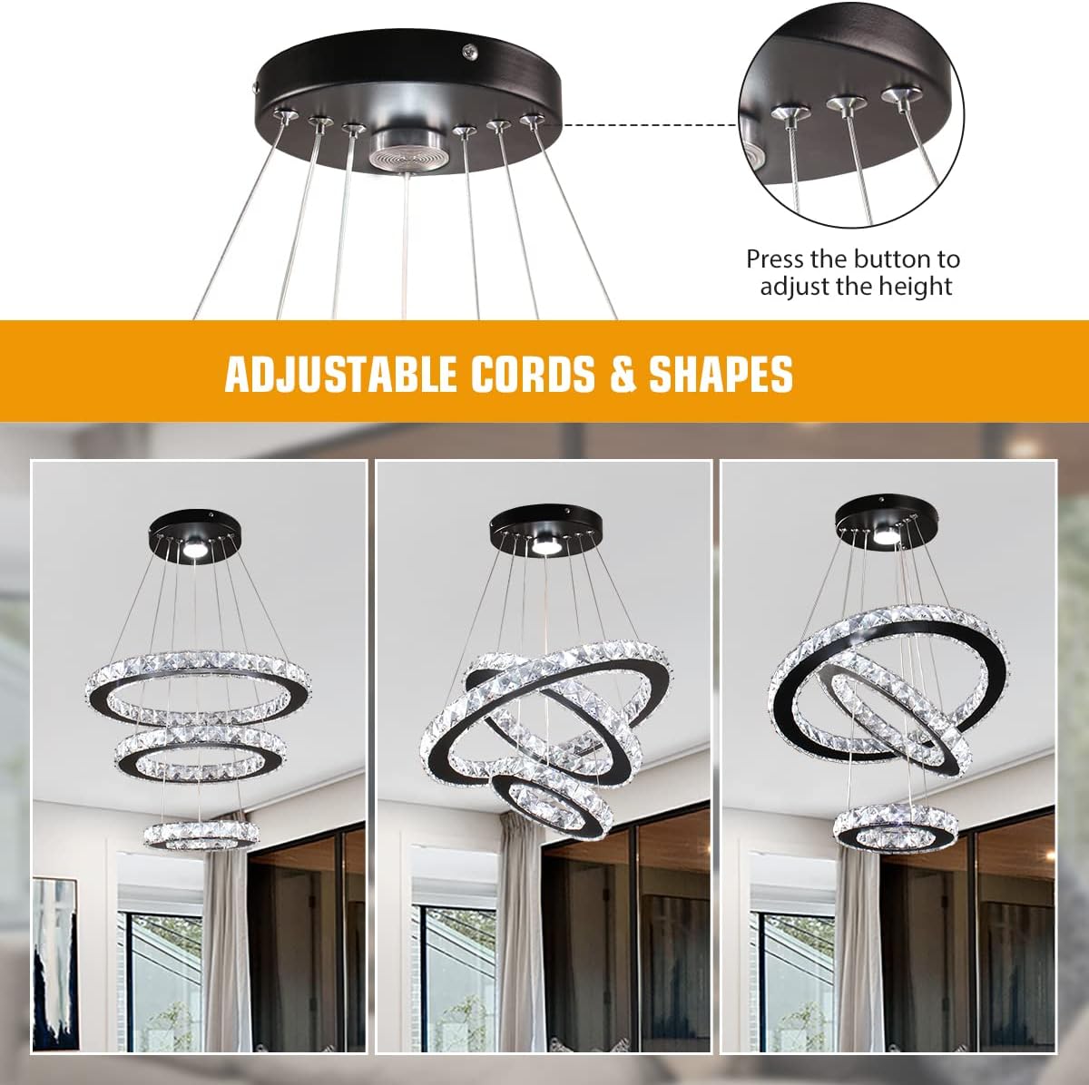 Modern LED Crystal Black Chandeliers 3 Rings Pendant Light Adjustable Height Ceiling Lamp for Dinning Room Bedroom Living Room (Cool White)