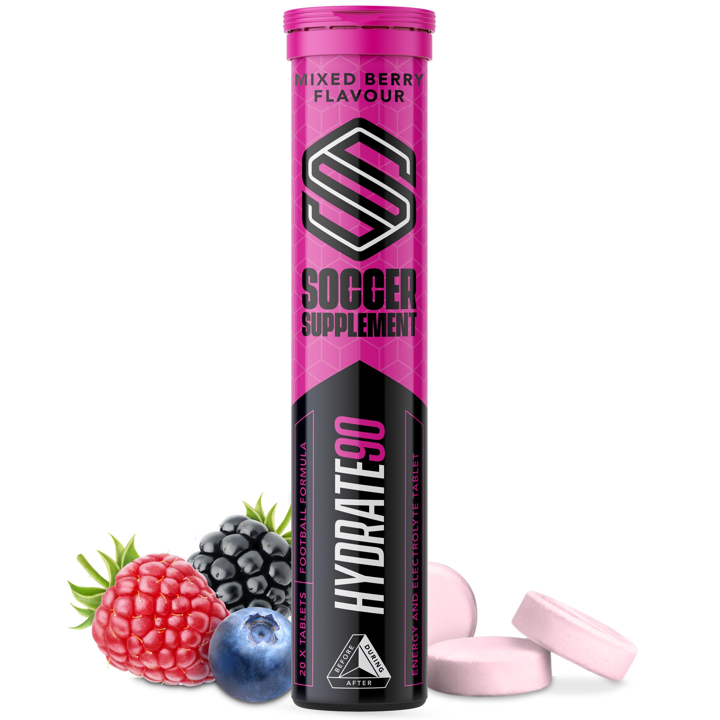 SOCCER SUPPLEMENTHydrate90 Electrolytes Tablets (20 Servings), Sugar Free Effervescent Tablets to Create A Recovery Drink with Vitamins & Magnesium for Hydration, Mixed Berry